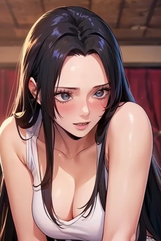 best quality, masterpiece, highly detailed,1girl, Boa Hancock, , (masterpiece:1.5), Detailed Photo, Smiling, Sexy, (8K, Best Quality: 1.4), (1girl), Beautiful Face, (anime realistic Face), (Black Hair, long Hair: 1.3), Beautiful Hairstyle, Realistic eyes, beautiful detail eyes, (white skin), beautiful skin, absurd, attractive, ultra high resolution, ultra realistic, high definition, golden ratio, (sexually aroused:1.5), Pinkish white skin, cool white light, sexy pose, Beautiful , white background, pink soft white light, Wear a white tank top