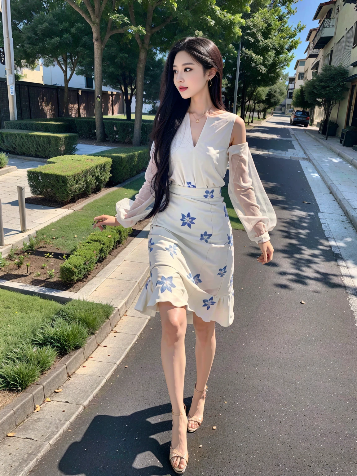 She has perfect body proportions，Slender and graceful，Like willow branches swaying in the wind。She was wearing a light floral dress.，The skirt flutters gently in the breeze，Like a dancing butterfly。The floral pattern looms in the night，Adds a bit of hazy beauty。She walks on the streets at night，The dim lights shine together，It forms a beautiful dreamlike scene，Make people intoxicated，Unforgettable。