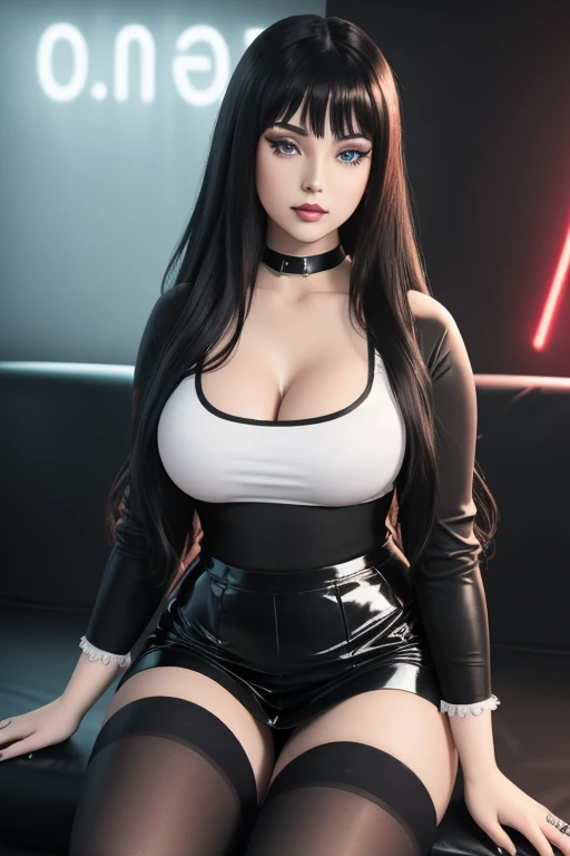 masterpiece, gothic aesthetic, dream atmosphere, ultra realistic, 16k, best quality, absurdres, perfect anatomy, 1girl, goth brunette, voluminous silky hair, cute hair fringe, goth makeup, realistic bright eyes (intense look), pale-white skin (highlighted), realistic shading, solo, Caera, red eyes, black t-shirt, small natural breasts, large hips, thick thighs, thick legs, black mini skirt, tights (realistic textures), pretty seductive, upper body, beautiful girl, happy, inside a (neon lights) modern house, different poses at different angles, blurred background, cinematic, Photorealistic.