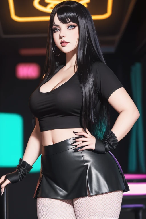 masterpiece, gothic aesthetic, dream atmosphere, ultra realistic, 16k, best quality, absurdres, perfect anatomy, 1girl, goth brunette, voluminous silky hair, cute hair fringe, goth makeup, realistic bright eyes (intense look), pale-white skin (highlighted), realistic shading, solo, Caera, red eyes, black t-shirt, small natural breasts, large hips, thick thighs, thick legs, black mini skirt, tights (realistic textures), pretty seductive, upper body, beautiful girl, happy, inside a (neon lights) modern house, different poses at different angles, blurred background, cinematic, Photorealistic.