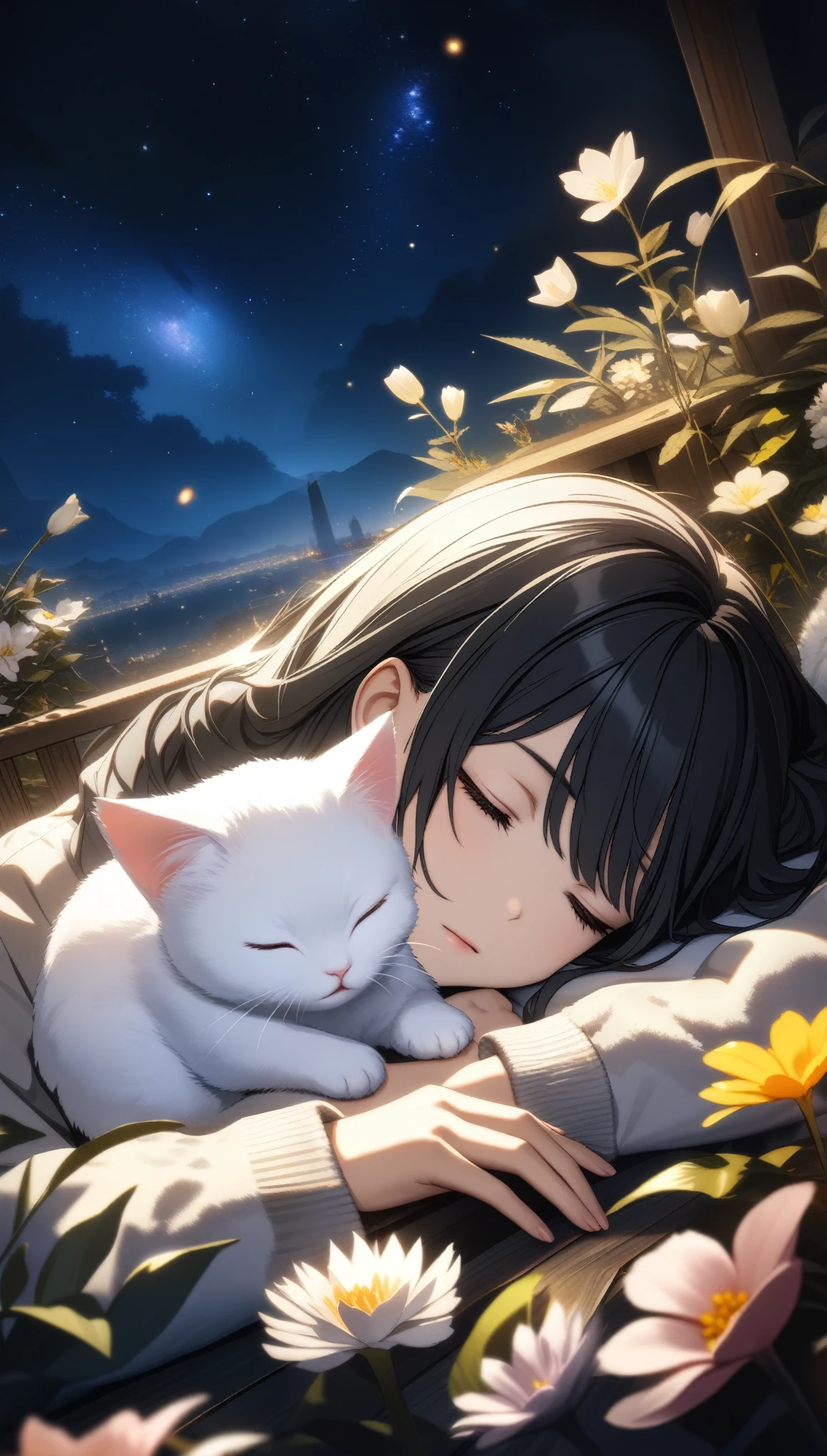 32k, best quality, ultra high res, HDR, UHD, extremely detailed CG, unity 32k wallpaper,  and fluffy white kitten, Flowers, Sleep, Long black hair, night, Starry Sky,