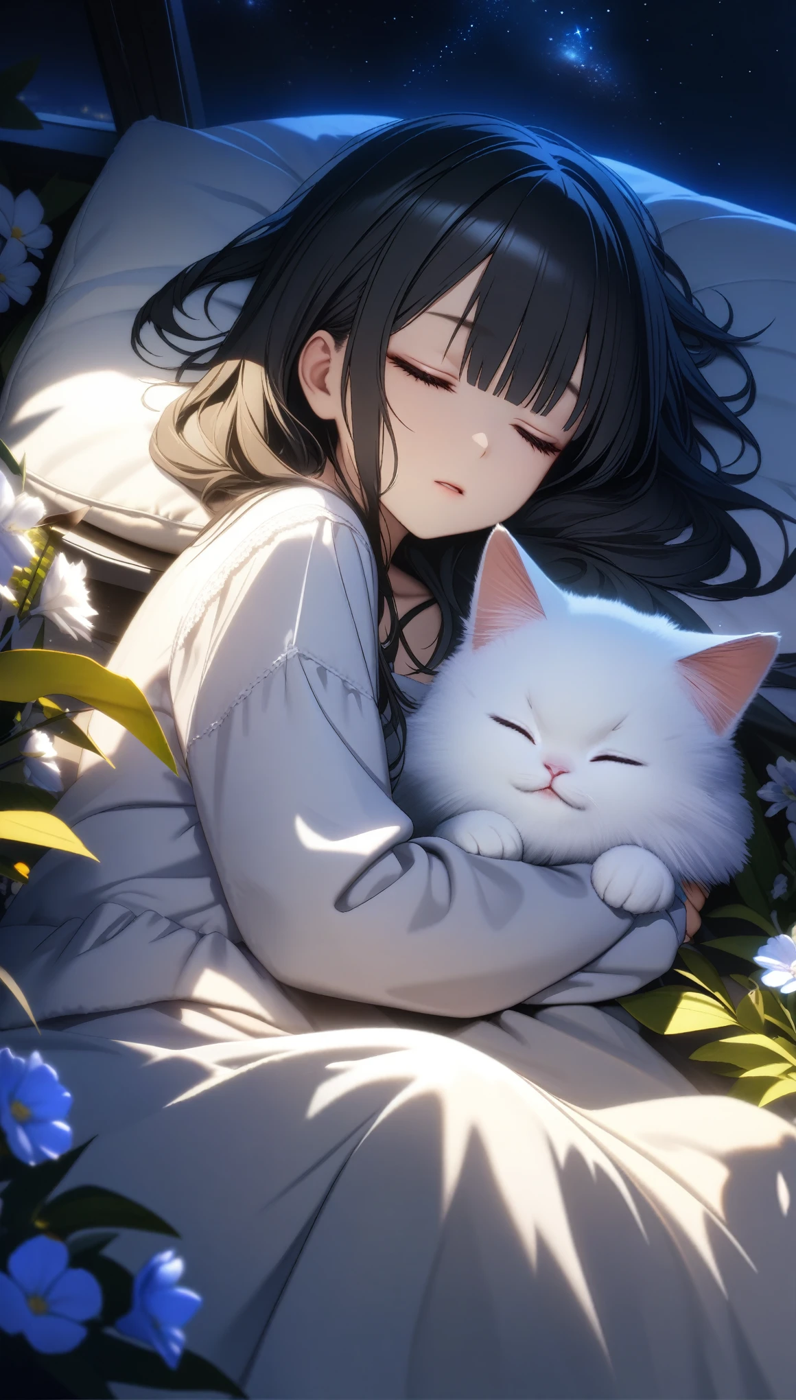 32k, best quality, ultra high res, HDR, UHD, extremely detailed CG, unity 32k wallpaper, and fluffy white kitten, Flowers, Sleep, Long black hair, night, Starry Sky,