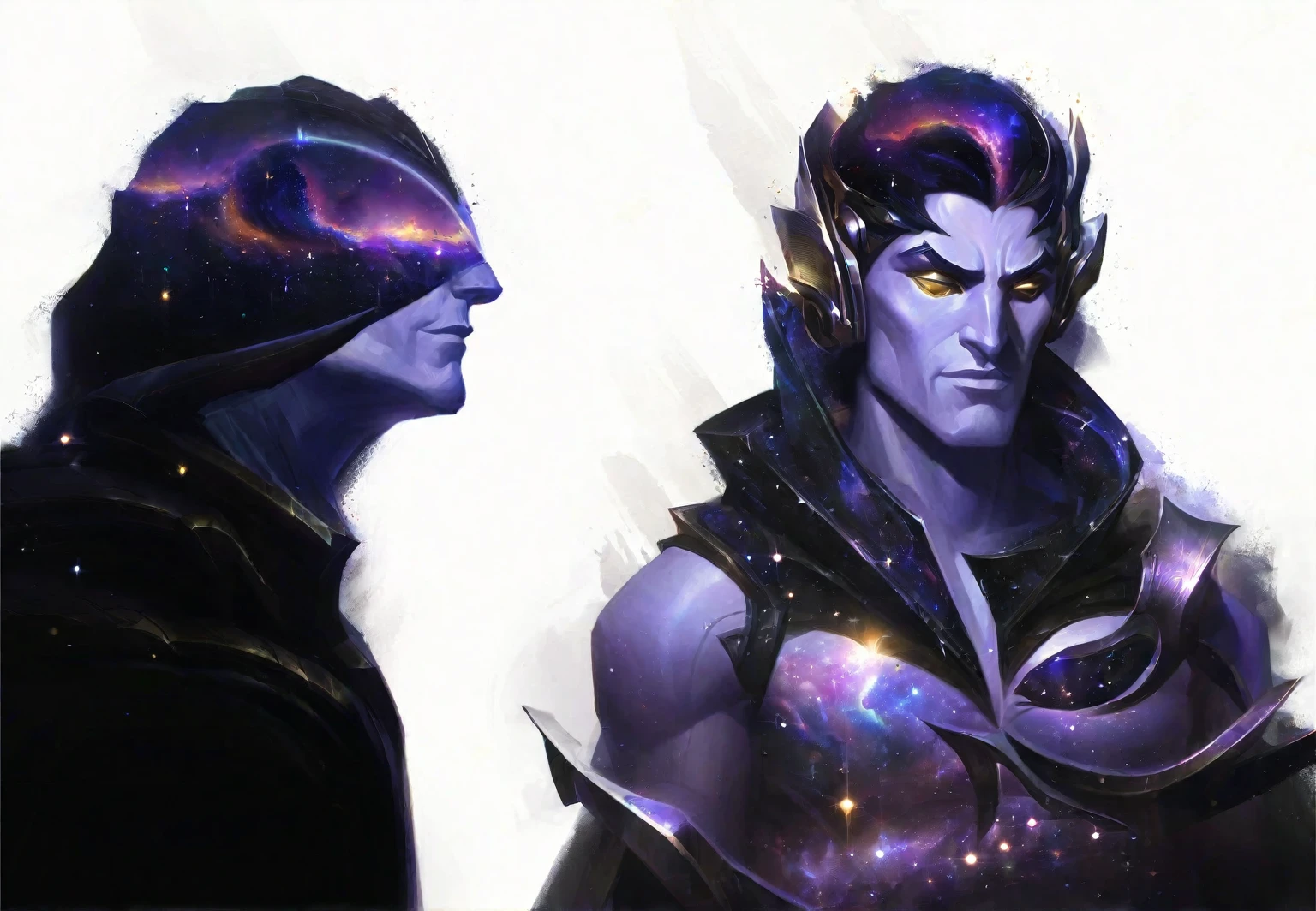 better aesthetics,lolsplashart,liga das lendas,body composed of galaxies,galaxy body,Deus como corpo,Corpo de Musclar,final boss,traje dourado,standing,fundo branco,galaxies rotating inside the body,cape