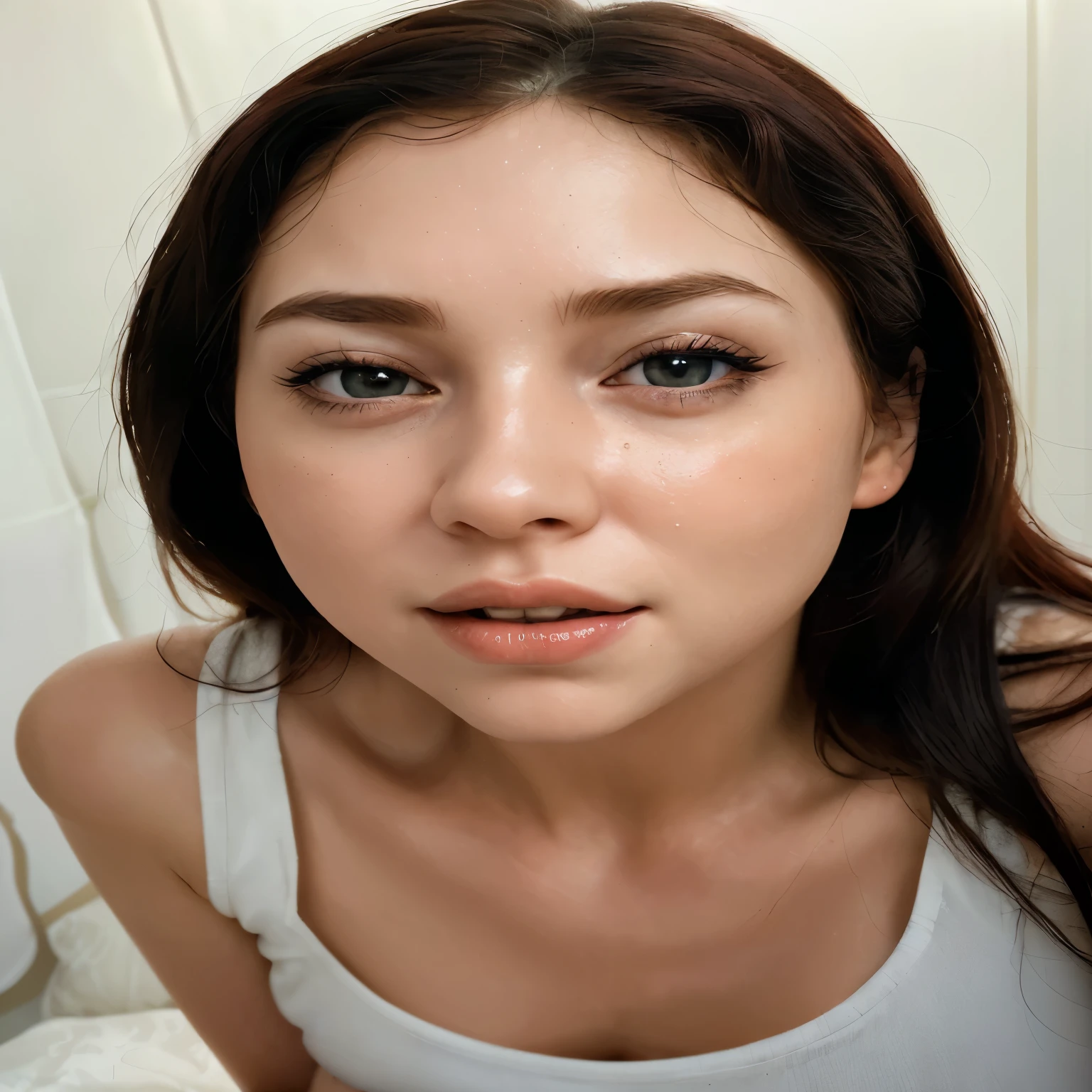 Create a highly realistic image of a stunning redhead woman lying on a comfortable-looking bed, with her face orgasm edge. Her long, fiery red hair should be spread out around her, with a few loose strands framing her face. The woman's skin should be glossy and sweaty. Her eyes should be a deep, rich black. Her lips should be full and inviting, with a subtle curve upwards. The overall mood of the image should be agony and orgasm, enjoying the felling. The lighting should be soft and gentle, with no harsh shadows or bright highlights. The image should be rendered in high detail, with intricate textures and subtle shading. The woman's hair should be rendered in exquisite detail, with each strand and curl perfectly rendered. The bed and surrounding environment should also be rendered in high detail, with subtle textures and shading. The final image should be a stunning, photo-realistic representation of the scene, with a level of detail and realism that makes the viewer feel like they're looking at a real photograph.