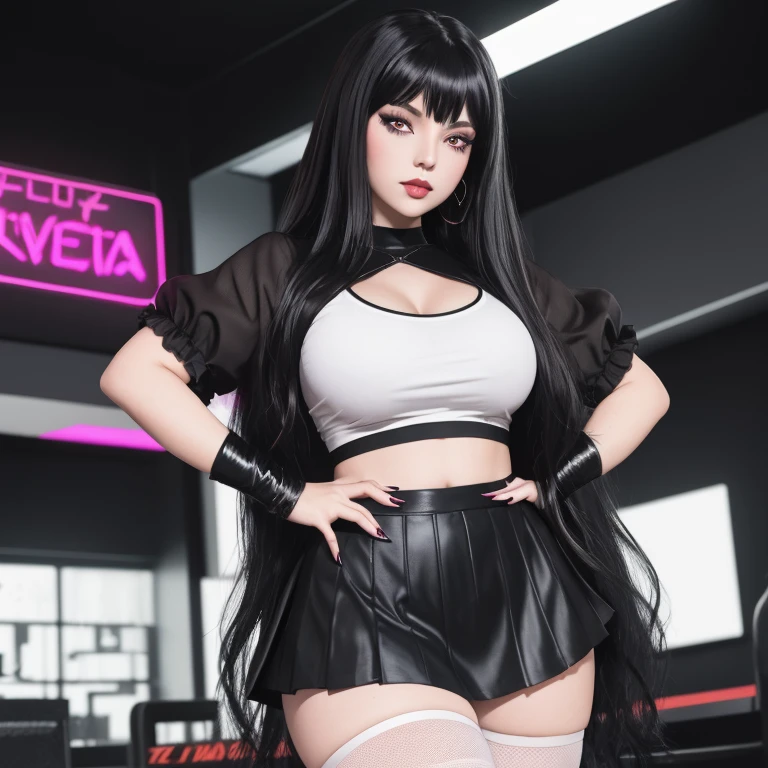 masterpiece, gothic aesthetic, dream atmosphere, ultra realistic, 16k, best quality, absurdres, perfect anatomy, 1girl, goth brunette, voluminous silky hair, cute hair fringe, goth makeup, realistic bright eyes (intense look), pale-white skin (highlighted), realistic shading, solo, Caera, red eyes, black t-shirt, small natural breasts, large hips, thick thighs, thick legs, black mini skirt, tights (realistic textures), pretty seductive, upper body, beautiful girl, happy, inside a (neon lights) modern house, different poses at different angles, blurred background, cinematic, Photorealistic.