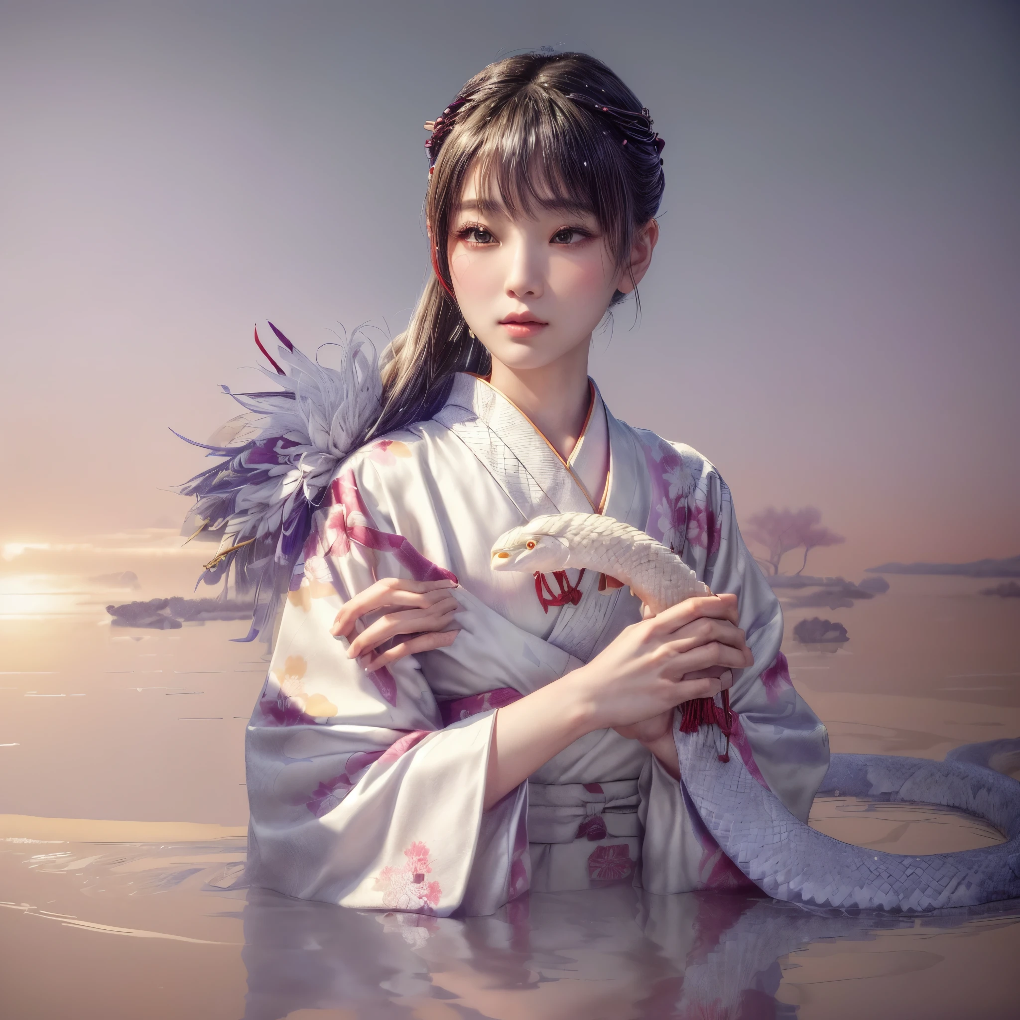 A woman in a kimono is holding a white feathered snake, chie yoshii, inspired by Kanō Naizen, Jinnah Chan, by Kanō Naizen, Kano Tanyou, by Torii Kiyomoto, takato yomamoto. 4k yen, Japonism 3d 8k ultra detailed