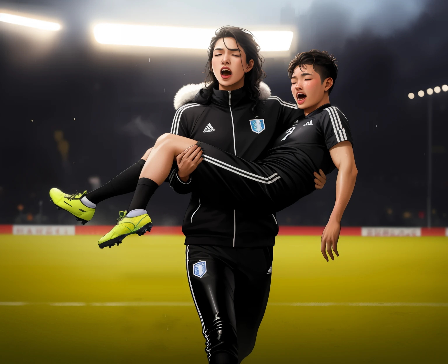 soccer action pose, piggyback pose, a very beautiful young girl in a very shiny black coat is carrying a man, piggyback ride in a sports stadium, a man in a thin orange cotton shirt, affection pose, lecherous action pose, a madeup young schoolgirl in a high-shine black padded downcoat, dramatic action pose, theatralic pose, there is an very attractive woman that is carrying a wounded ahtlete, there is a beautiful woman in a shiny coat who is carrying a young sportsman piggyback from the field, soccer action scene, injury scene, first aid in sports transport of a wounded player, piggyback, a longhaired beautiful woman in a high-shine coat, a longhaired woman in a shiny coat, a woman is carrying a shorthaired man who is wearing an thin orange cotton sports outfitt, a weak man in sports shorts is consciousless and needs to be carried, a shorthaired man with closed eyes is carried piggyback a longhaired woman, a woman looks very scared and terrified, a consciousless man with closed eyes is suffering very much and has a very painful face, photo, photo shoot, photographed , accident, help, aid, first aid, pity
