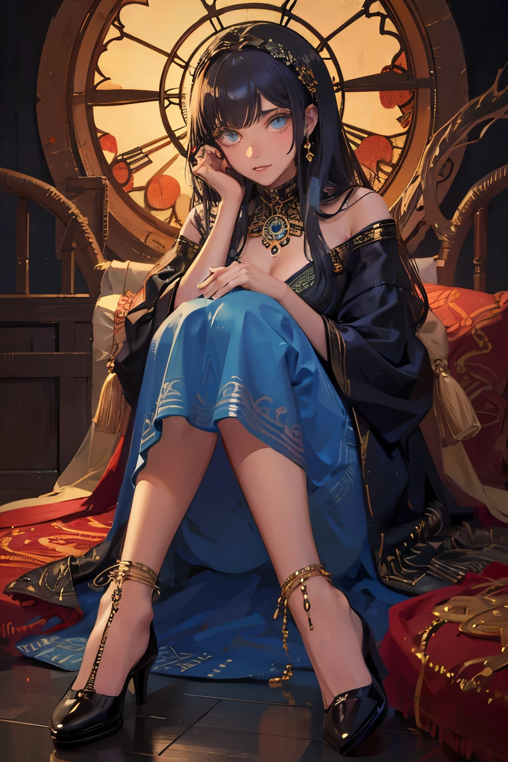 best quality, ultra-detailed, realistic, portraits, Arabic girl, beautiful detailed eyes, beautiful detailed lips, long dark hair, elegant traditional clothes, henna tattoo on hands and feet, intricate gold jewelry, glowing skin, serene expression, warm lighting, vibrant colors, dark skin, black hair