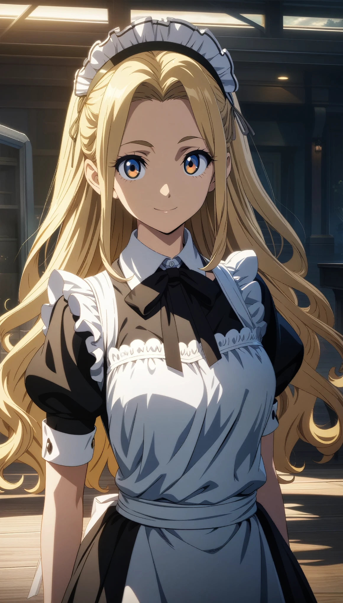 32k, best quality, ultra high res, HDR, UHD, extremely detailed CG, unity 32k wallpaper, 18 year old beautiful girl, Big eyes, Large Breasts, Small and slim, 8k, highest quality, (Highly detailed head: 1.0), (Highly detailed face: 1.0), (Very fine hair: 1.0), Maid clothes, Highly detailed official artwork, Anime Moe Art Style, Beautiful and detailed anime art, smile, Blonde, sleek long hair,