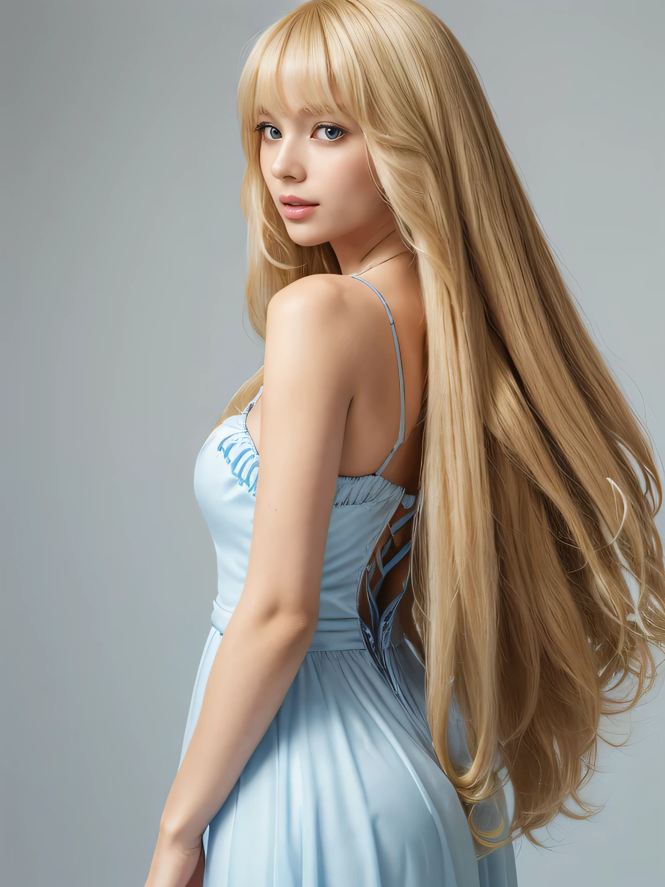 (Pure white wall background:1.8. Upper body photo from the knees up) ((Random poses showing off as much of her dress, back and hair as possible:1.5)) ((Her hair is incredibly straight:1.5)) ((Beautiful model with long blonde hair, girl with super length Hair, extremely length Hair, extra length Hair, very long, Flowing Hair, very length Hair, length Hair girl, very long, Flowing blonde hair, length Hair windy, very longBlonde Hair, length, Flowing Hair, length and or curly hair, with length Hair, length Hair!!!! Her highest quality hair is long and 真っ直ぐ or curly hair very long, best quality blonde, length hair in the center, Highest quality long Straight or curly hair, length, Straight or curly hair, beautiful, High quality blonde hair, length and Blonde Hair highest quality Straight or curly hair, length Hair, length and Straight or curly hair, highest quality Blonde Hair, Perfect silky Straight or curly hair of the highest quality, Straight or curly hair, highest quality Blonde Hair, length Blonde Hair Straight or curly hair, length, Light blonde hair Her hair is long and Straight or curly hair, very longBlonde Hair, length hair in the center, length Straight or curly hair, length, Straight or curly hair, beautiful hair of the highest quality, length Hair, length, Straight or curly hair Blonde Hair , length and free Straight or curly hair Blonde Hair, Straight or curly hair Blonde Hair)) (Her bangs are perfect.:1.3) (France's most beautiful 24-year-old hair model) ((highest quality)), ((masterpiece)), (Familiar) (Get used to it) Perfect Face (Her skin is a typical French complexion...、And very detailed) (Big Breasts) (She is wearing a gorgeous light blue princess dress:1.5) (She has a beautiful French face and a typical French figure...., Narrow eyes) (She has perfect beautiful makeup and face Lipstick is light red A solid eyeliner) ((Rich 1.4)) (Extremely detailed 8K) (Ultra-fine skin texture 1.4) (Actual, Vibrant:1.4), double eyelid Sharp focus:1.2、Beautiful woman:1.4 Dynamic Lighting (Genuine RAW photos taken by professional photographers) (Her long bangs、Well Organized) Professionally lit from the front (She has a bright and cheerful face)