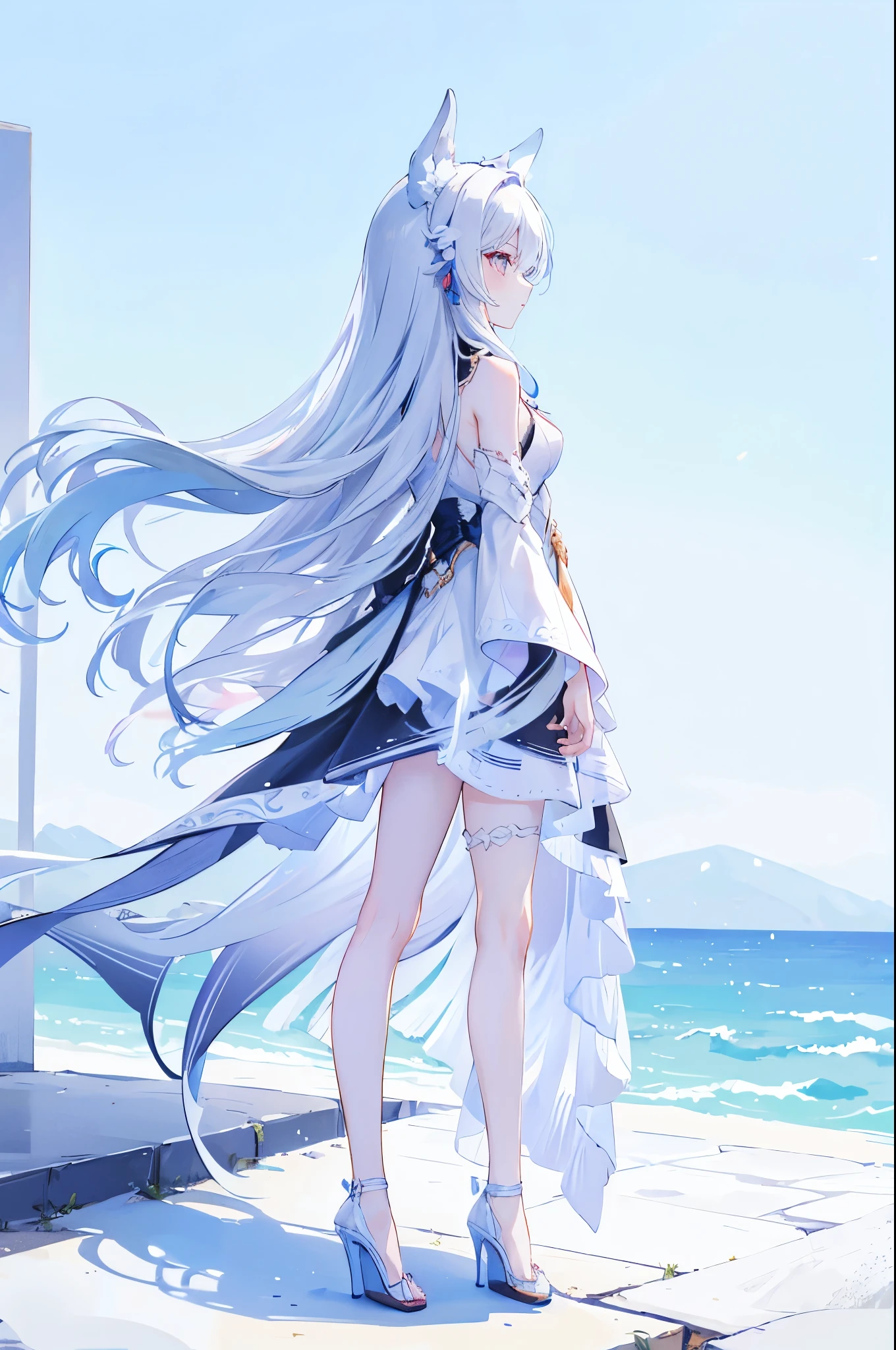 long hair, waist length, white, standing, looking off into the distance