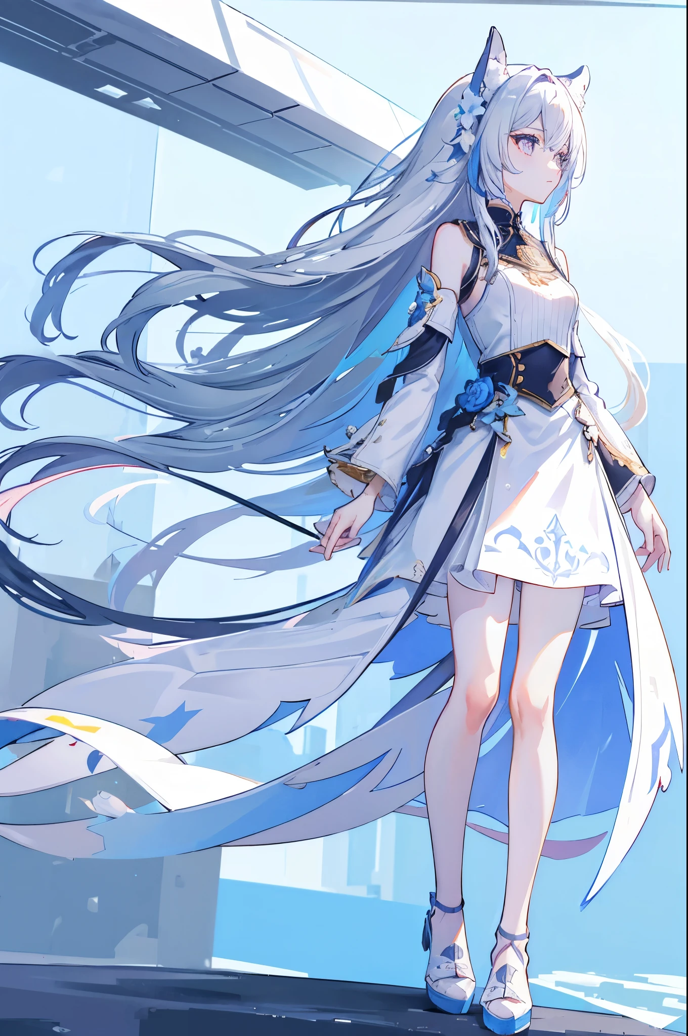 long hair, waist length, white, standing, looking off into the distance