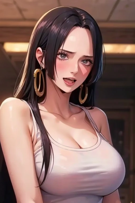 best quality, masterpiece, highly detailed,1girl, Boa Hancock, , (masterpiece:1.5), Detailed Photo, Smiling, Sexy, (8K, Best Quality: 1.4), (1girl), Beautiful Face, (anime realistic Face), (Black Hair, long Hair: 1.3), Beautiful Hairstyle, Realistic eyes, beautiful detail eyes, (white skin), beautiful skin, absurd, attractive, ultra high resolution, ultra realistic, high definition, golden ratio, (sexually aroused:1.5), Pinkish white skin, cool white light, sexy pose, Beautiful , white background, pink soft white light, Wear a white tank top
