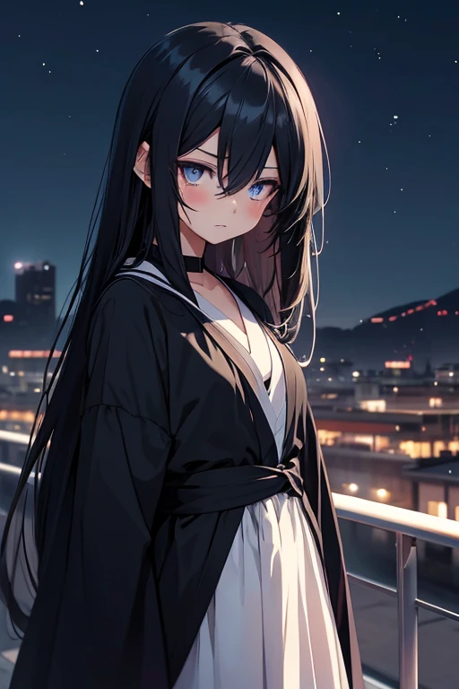 anime girl, long messi black eye dark blue eye, wearing a pitch black robe, sad expresion, night back ground