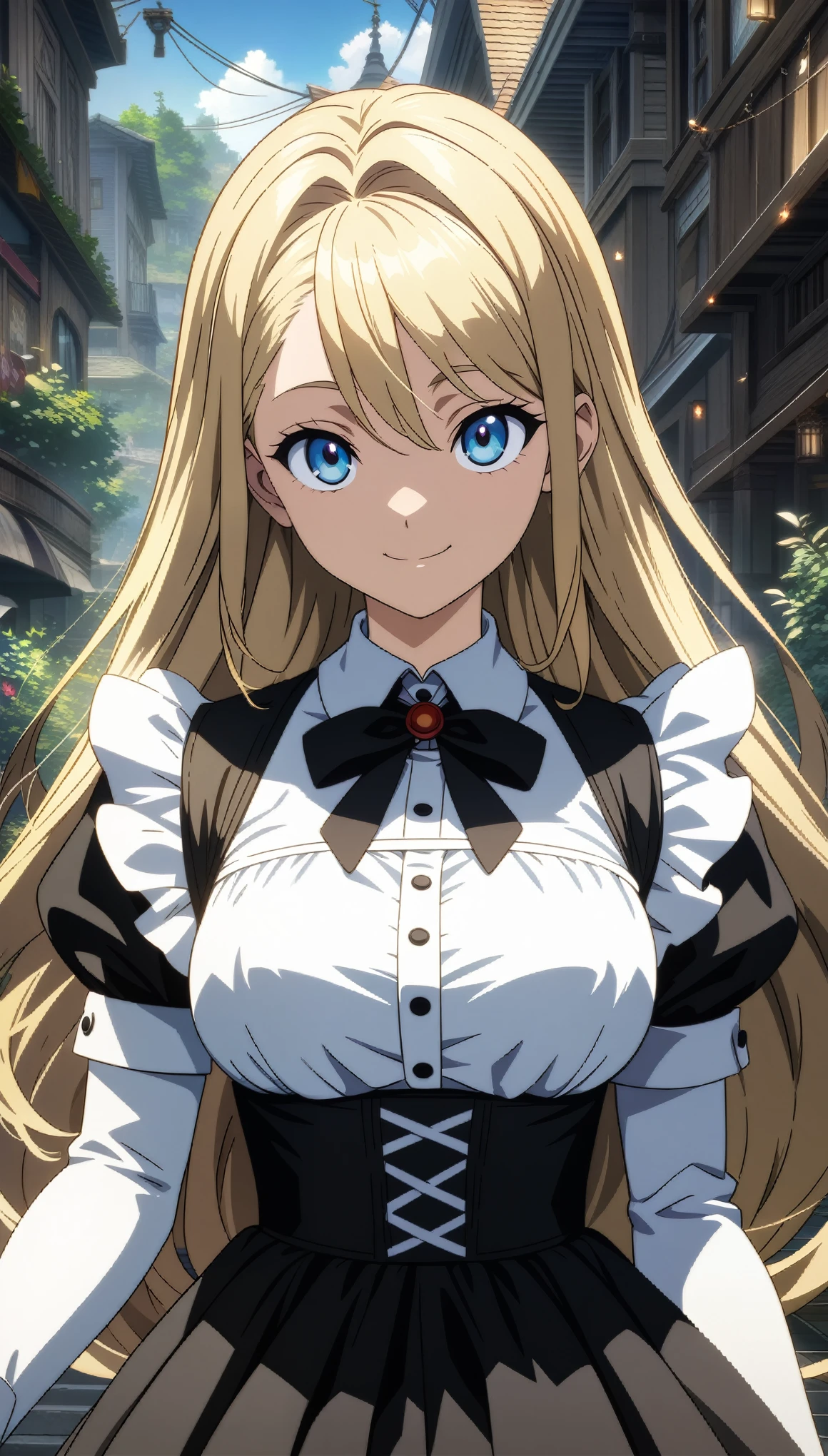 32k, best quality, ultra high res, HDR, UHD, extremely detailed CG, unity 32k wallpaper, 18 year old beautiful girl, Big eyes, Large Breasts, Small and slim, 8k, highest quality, (Highly detailed head: 1.0), (Highly detailed face: 1.0), (Very fine hair: 1.0), Maid clothes, Highly detailed official artwork, Anime Moe Art Style, Beautiful and detailed anime art, smile, Blonde, sleek long hair,