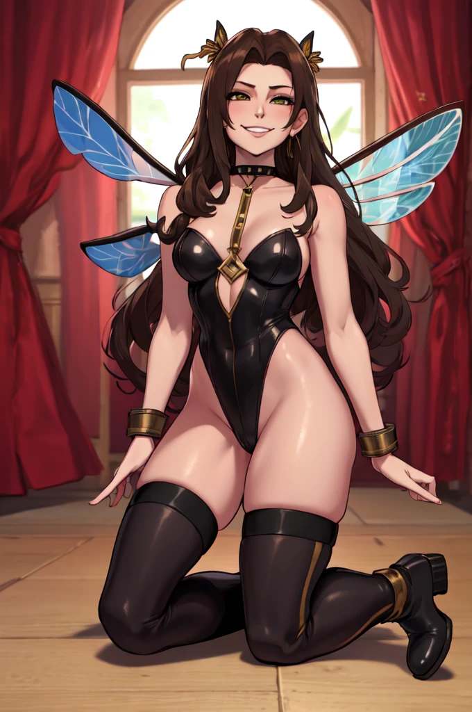 sfw, cartoon, aerith gainsborough reimagined as a horny girl in honeybee costume frome final fantasy 7, full body, (masterpiece, best quality), beautiful face, (22yr old, beautiful girl, solo:1.1),brown_hair ,long_hair, pixiv, evil smile, sadistic, erotic lips, seductive eyes, drooping eyes, provocative expression, smirks, squint, enraptured, fascinated, scornful laughter, aroused, lovely, naughty face, half closed eyes, fearless smile, crazy smile,toned female, glamorous perfect female proportion, wide hips, extremely shiny, reflecting light, awesome metallic surface texture, cute, akiba, anime face, moe, yellow and black striped hair, wasp ornament, Yellow and black striped boots, wasp transparent wings, bee Transparent wings, wasp antennae, wasp printed, Honeycomb printed, poison needle, yellow and black striped fur, spike choker, earrings, best quality, amazing quality, very aesthetic,