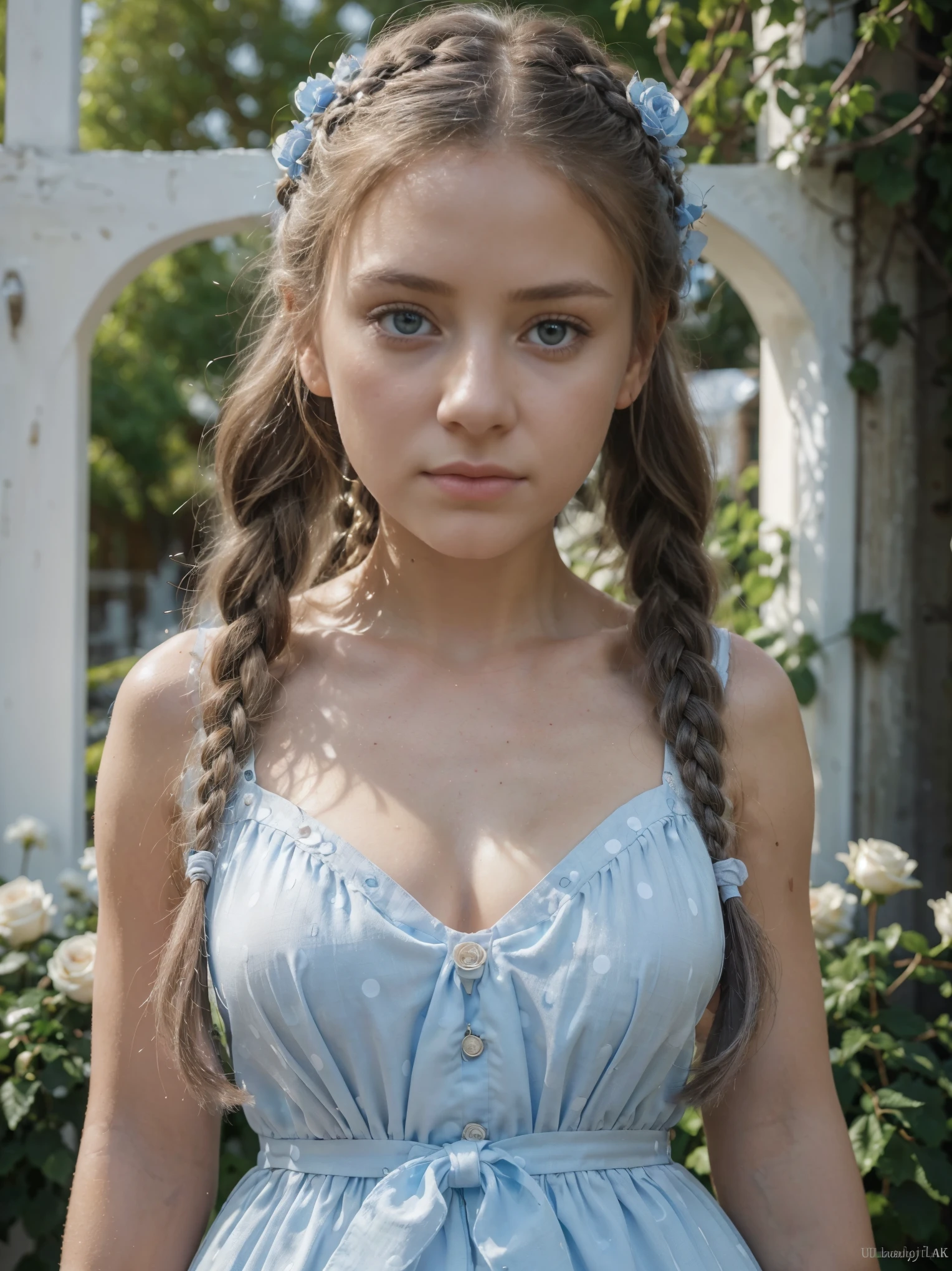 hyper photorealistic, cute peasant woman, in small European village, (18 years), (detailed face and eyes), full body portrait, (extremely sexy), Masterpiece, nudist, pleasure, small breasts, expression enjoyment, idyllic aura, medieval environment, cinematic lighting, light honey hair, little smile, fine facial traits, Slim physique, (depth of field), ultra detailed, cinematic