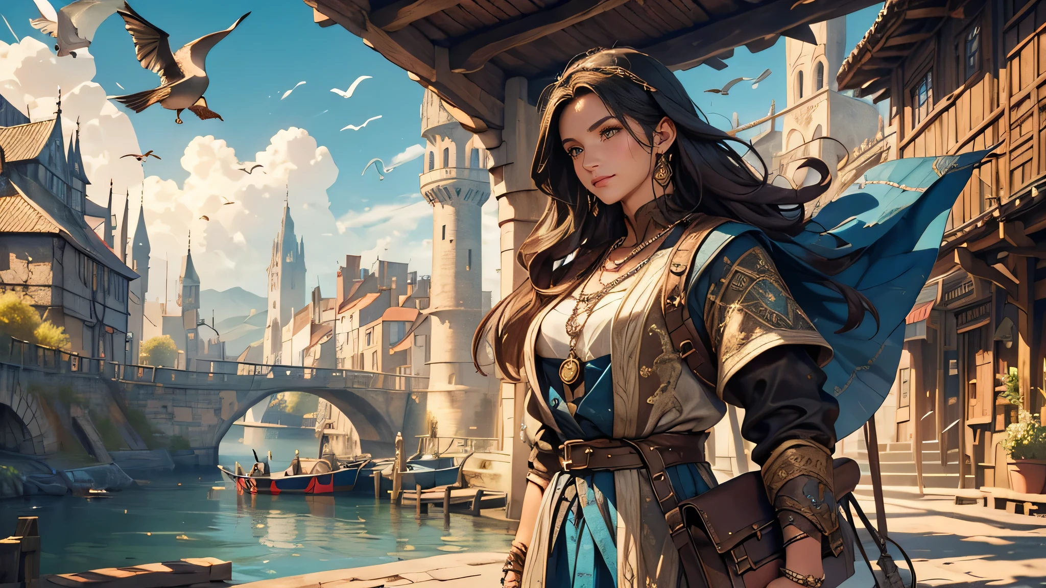 A girl with long black hair wearing black adventure clothes, walking along the dock road towards the city in a medieval fantasy theme. (best quality, 4k, highres, masterpiece:1.2), ultra-detailed, (realistic:1.37)
Additional details: The girl is carrying a leather satchel on her side, with maps sticking out. She has a silver necklace with a pendant shaped like a dragon. Her clothes are adorned with intricate embroidery and metal buckles. The dock is filled with old wooden ships and barrels, with seagulls flying overhead. The city's walls and towers can be seen in the distance, against a backdrop of lush green mountains. (medieval, fantasy-themed:1.2)
Color palette: Deep and rich earth tones, with accents of gold and sapphire blue. (rich, earthy colors)
Lighting: Warm sunlight streaming through the clouds, casting long shadows on the cobblestone road. (warm sunlight, dramatic shadows)