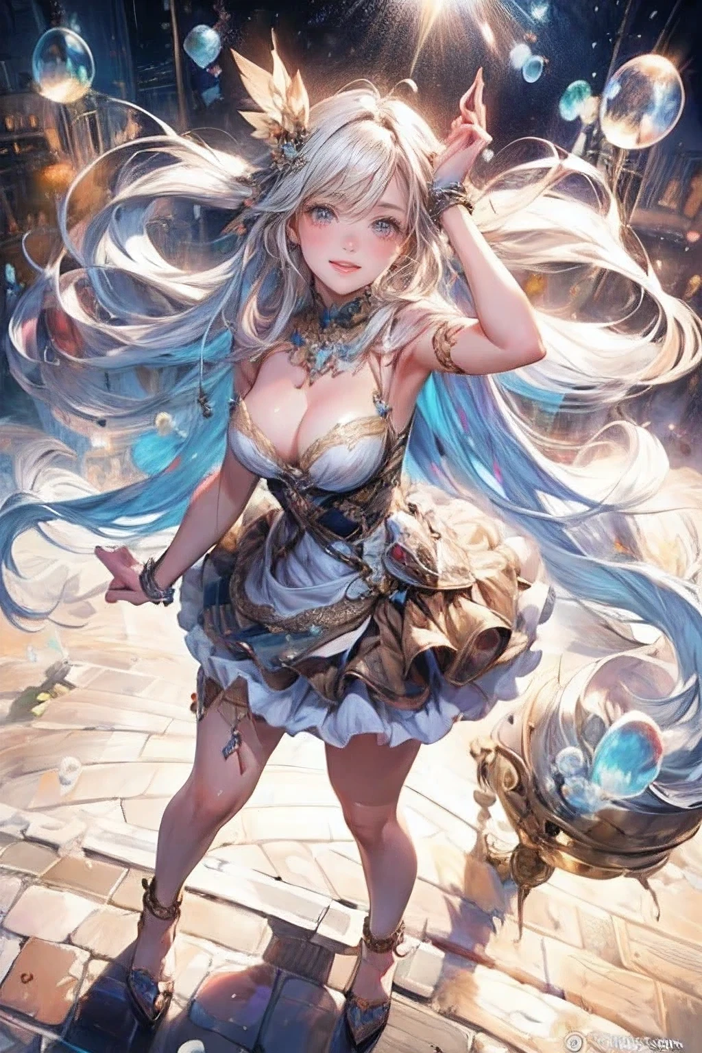 masterpiece:1.2, highest quality, 16k, highres, ultra-realistic:1.37, beautiful detailed:1.2, beautiful woman, standing, beautiful posing, bubble, heart shape bubbles:1.5, Countless bubbles (heart shape:1.2, vibrant colors), bubbles of various sizes, bubbles:1.2, too many bubbles:1.2, happily smile, beautiful delicate(hair, face, long eyelash, eyes, pupils, lips, knee, anklet, bubbles), sparkling eyes, shining rosy lips, blushed cheek, through bangs,