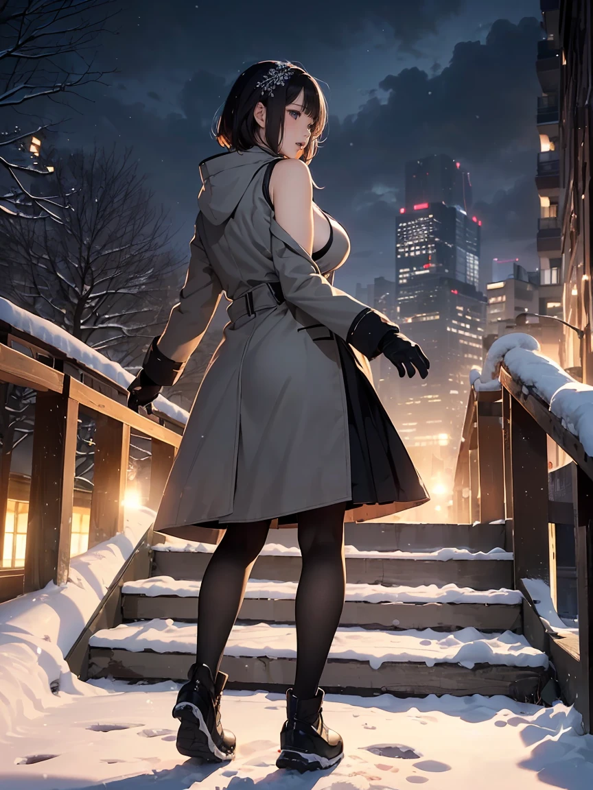 winter in japan, woman１people々々, ((very short hair:1.3)), She has beautiful sparkling purple eye color, ((curvaceous body, D cup breasts, big ass)), ((brown skin:1.8)), masterpiece, highest quality,(realistic: 1.4),ultra high resolution, unity 8k, (fine and beautiful eyes:1.6),symmetry, highly detailed face, perfect lighting, (perfect hands, perfect anatomy), ((night park:1.4)), ((gown coat:1.3))