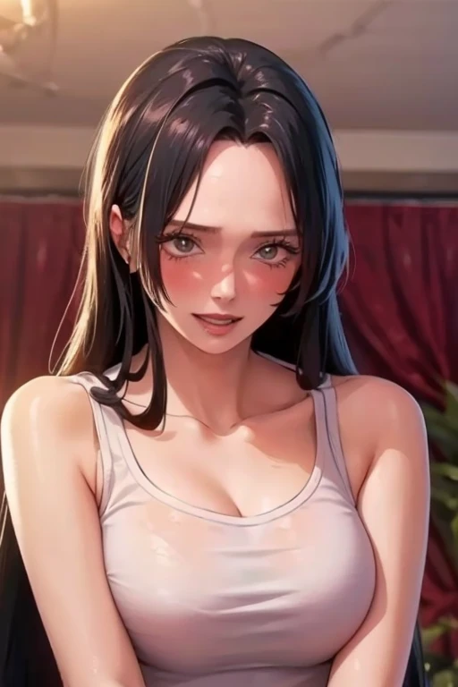 best quality, masterpiece, highly detailed,1girl, Boa Hancock, , (masterpiece:1.5), Detailed Photo, Smiling, Sexy, (8K, Best Quality: 1.4), (1girl), Beautiful Face, (anime realistic Face), (Black Hair, long Hair: 1.3), Beautiful Hairstyle, Realistic eyes, beautiful detail eyes, (white skin), beautiful skin, absurd, attractive, ultra high resolution, ultra realistic, high definition, golden ratio, (sexually aroused:1.5), Pinkish white skin, cool white light, sexy pose, Beautiful , white background, pink soft white light, Wear a white tank top