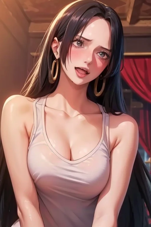 best quality, masterpiece, highly detailed,1girl, Boa Hancock, , (masterpiece:1.5), Detailed Photo, Smiling, Sexy, (8K, Best Quality: 1.4), (1girl), Beautiful Face, (anime realistic Face), (Black Hair, long Hair: 1.3), Beautiful Hairstyle, Realistic eyes, beautiful detail eyes, (white skin), beautiful skin, absurd, attractive, ultra high resolution, ultra realistic, high definition, golden ratio, (sexually aroused:1.5), Pinkish white skin, cool white light, sexy pose, Beautiful , white background, pink soft white light, Wear a white tank top