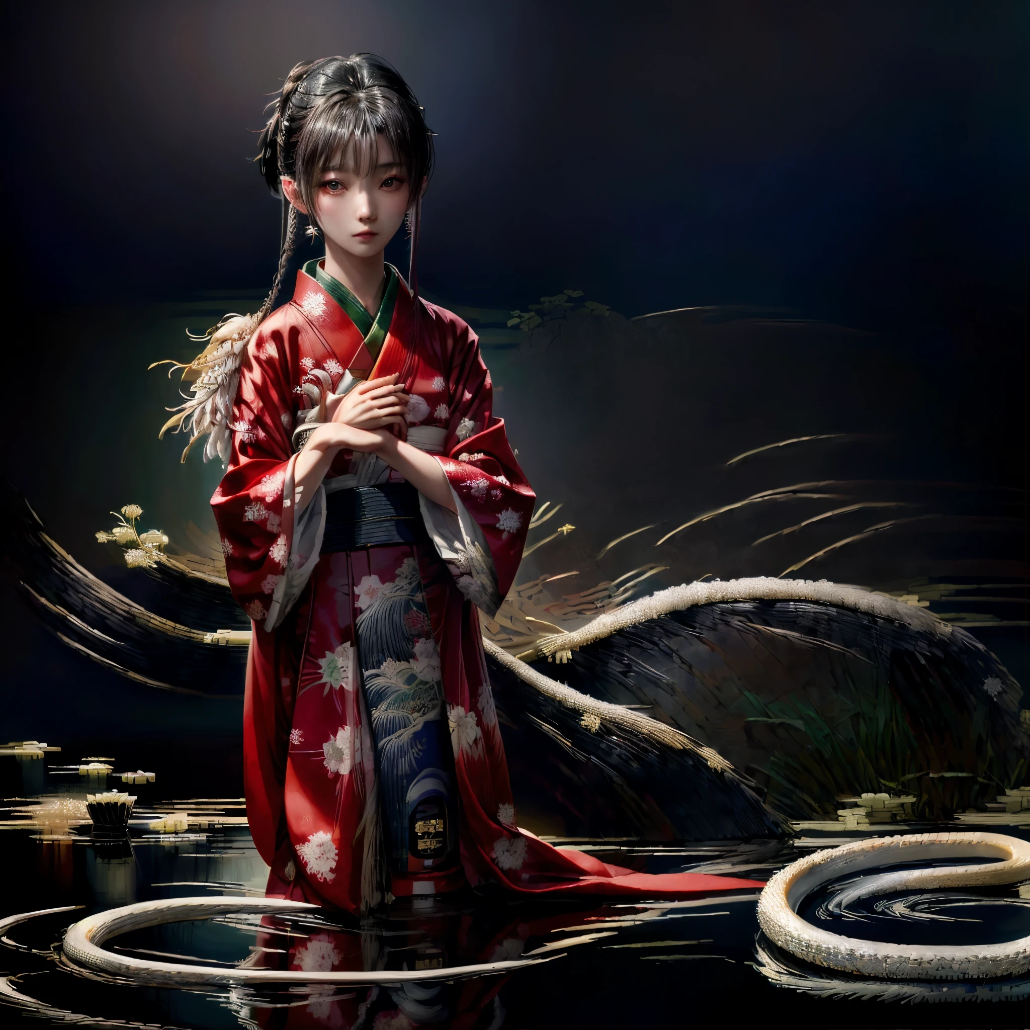 A woman in a kimono is holding a white feathered snake, chie yoshii, inspired by Kanō Naizen, Jinnah Chan, by Kanō Naizen, Kano Tanyou, by Torii Kiyomoto, takato yomamoto. 4k yen, Japonism 3d 8k ultra detailed