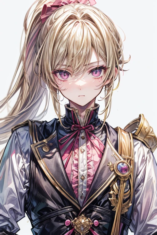(masterpiece, best quality, perfect face, expressive eyes), 1boy, (anime), (male), (adult), blonde hair, ponytail, pink eyes, prince clothes,