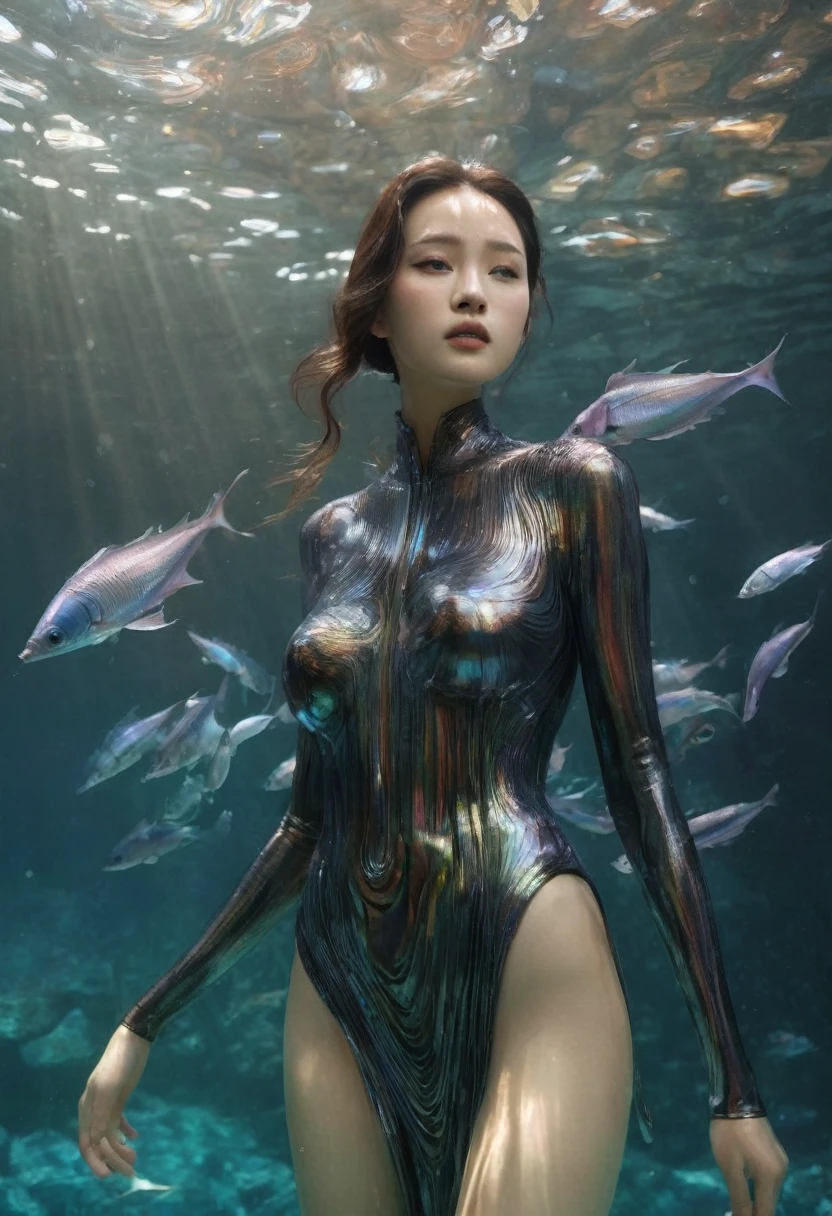 Aisian beautiful girl from underwater, iris van Herpen, sleek, fins, gills, darkness, iridescent, full length view,Xill