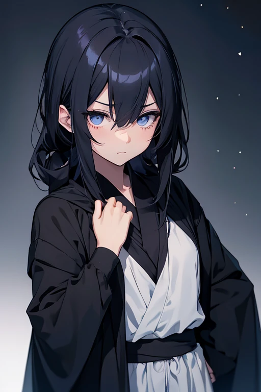 anime girl, short messi black eye dark blue eye, wearing a pitch black robe, sad expresion, night back ground