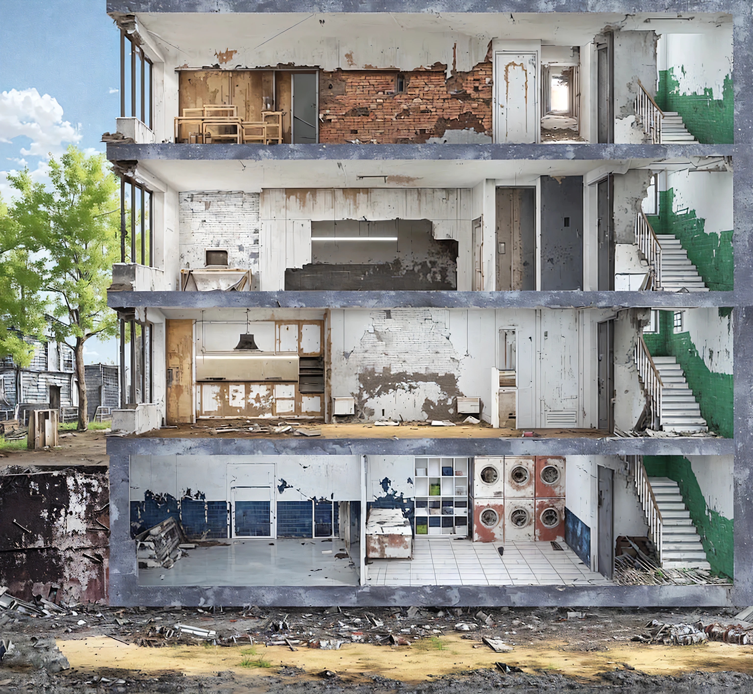 Ruin style,Zombie game style,Wasteland,Dilapidated floor,Ultra-clear,Lots of details