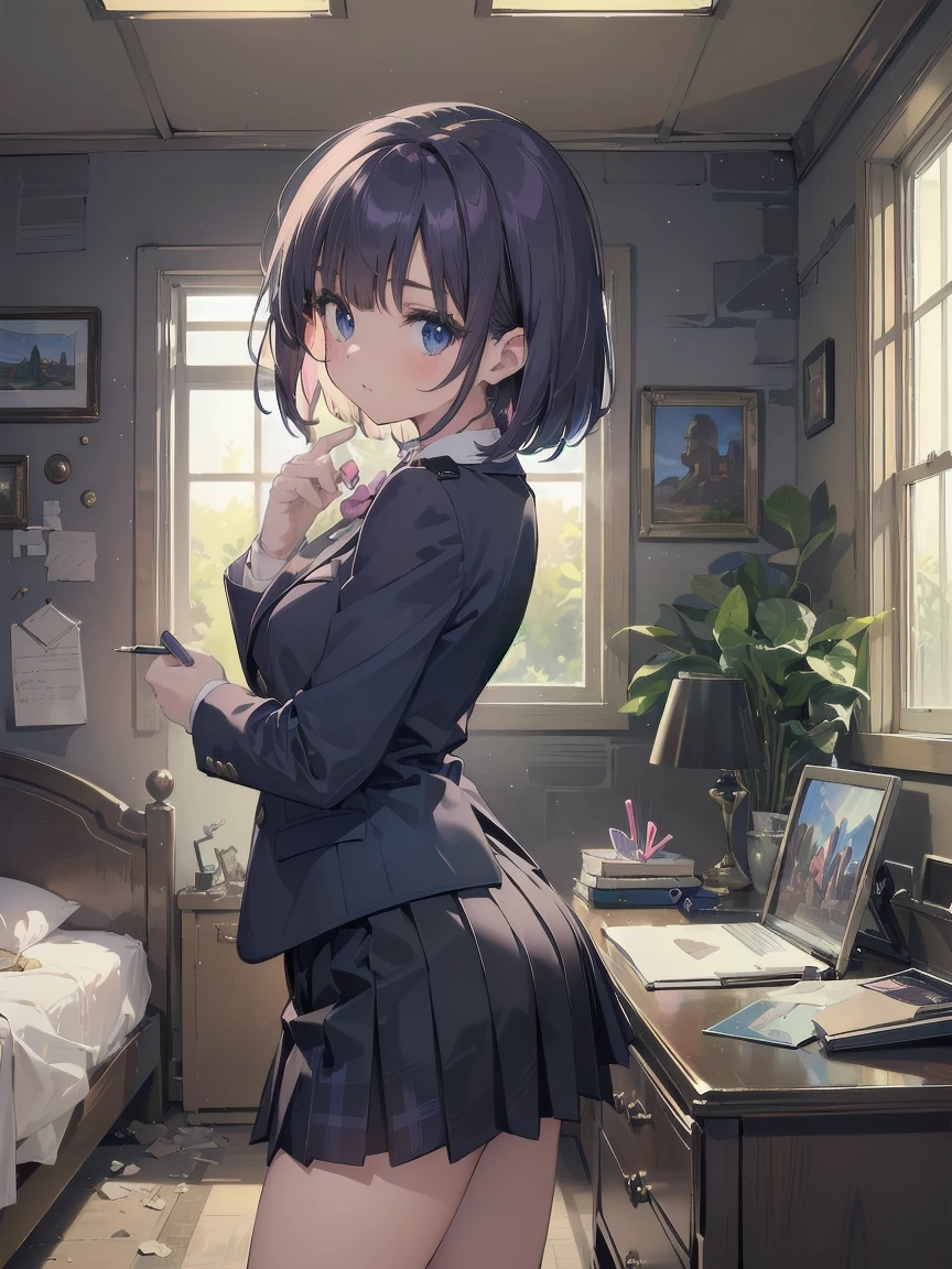 (Disorganized: 1.4), (A Wonderful Work by God the Creator: 1.4), (Absolute Resolution: 1.4), (A masterpiece from the gods of art and science: 1.4), Surrealist works, (Complex, Realistic materials and textures with attention to detail、light source: 1.3), (Perfect Anatomy: 1.2), (宇宙の創造における圧倒的にばかばかしいDisorganized (1.3),

break.

 (((cute)):1.3), Illustration of a girl. She wears the uniform of a famous school where blazers are popular., Wearing a dark grey blazer, White Piping, A refreshing blue checked skirt. She is drawn to evoking real fabrics and textures., and the buttons and ribbons on her blazer and the pleats on her skirt are ultra-detailed. 

break

looking at the viewer, ((Pixel perfect, 8k wallpaper)), One Girl, single,  very beautiful, A born actress,
Reincarnation of Aphrodite as the goddess of beauty, Immeasurable beauty, Highly detailed skin, Superb skin,

break
pink kawaii room , Pink Gothic Room, Messy room, March, Macaroons, candy, Heart Items, ribbon,Star Item, Small window, (Miscellaneous items are placed in a disorganized manner:1.3),dresser, antimacassar ,

break

(A pose to seduce a man: 1.3), (A charming genius:1.5), (Best lighting by famous artists: 1.2), 8k, ((Seductive poses performed by famous masters: 1.6)), ((thighs spread from side to side: 1.15)), 
((The depth of the written world:1.5)), 粒子のような幻想的なlight source, Background Blur, Tilt your head, Observe from behind Watch someone, Recall, Flexible torso,

break

, One Length Bob, Creating Bangs, Brighten up the area around the face, Leave the ends of the hair thick overall. Dark blue-purple hair