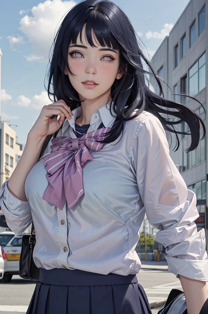 masterpiece, hinata\(boruto\), 1girl, solo, young female, ((((high school uniform)))), (high School), outdoors, looking at viewer, cloudy sky, perfect composition, detailed lips, school building, big breast, beautiful face, body propotion, blush, (pink lips), ((long hair)), purple eyes, soft gaze, sad smile, super realistic, detailed, photoshoot, realistic face and body, realistic pony tail hair, realistic eyes, realistic nose, realistic lips, (((dark blue hair))), 25 years old girl, flowing skirt