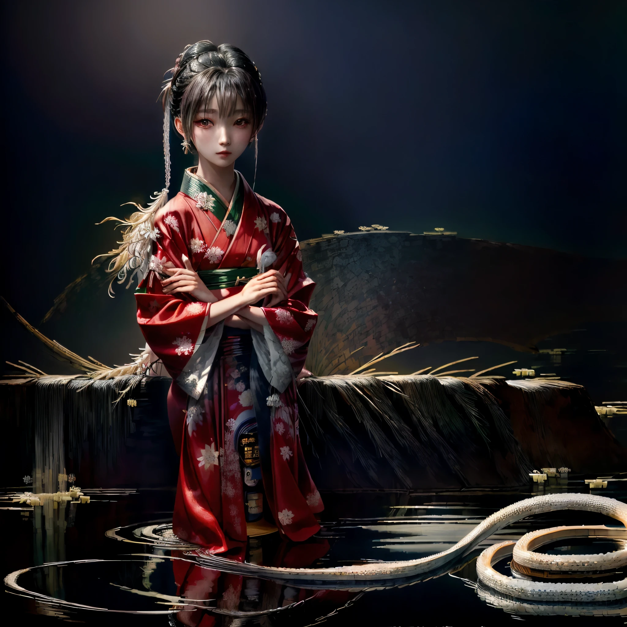 A woman in a kimono is holding a white feathered snake, chie yoshii, inspired by Kanō Naizen, Jinnah Chan, by Kanō Naizen, Kano Tanyou, by Torii Kiyomoto, takato yomamoto. 4k yen, Japonism 3d 8k ultra detailed