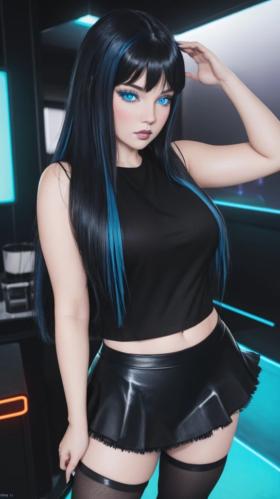 masterpiece, gothic aesthetic, dream atmosphere, ultra realistic, 16k, best quality, absurdres, perfect anatomy, 1girl, goth brunette, voluminous silky hair, cute hair fringe, goth makeup, turquoise-blue eyes (intense look). pale-white skin (highlighted), realistic shading, solo, Caera, realistic blue eyes, black t-shirt, small natural breasts, proportional hips, thick thighs, thick legs, black mini skirt, tights (realistic textures), pretty seductive, upper body, beautiful girl, happy, inside a (neon lights) modern house, different poses at different angles, blurred background, cinematic, Photorealistic.