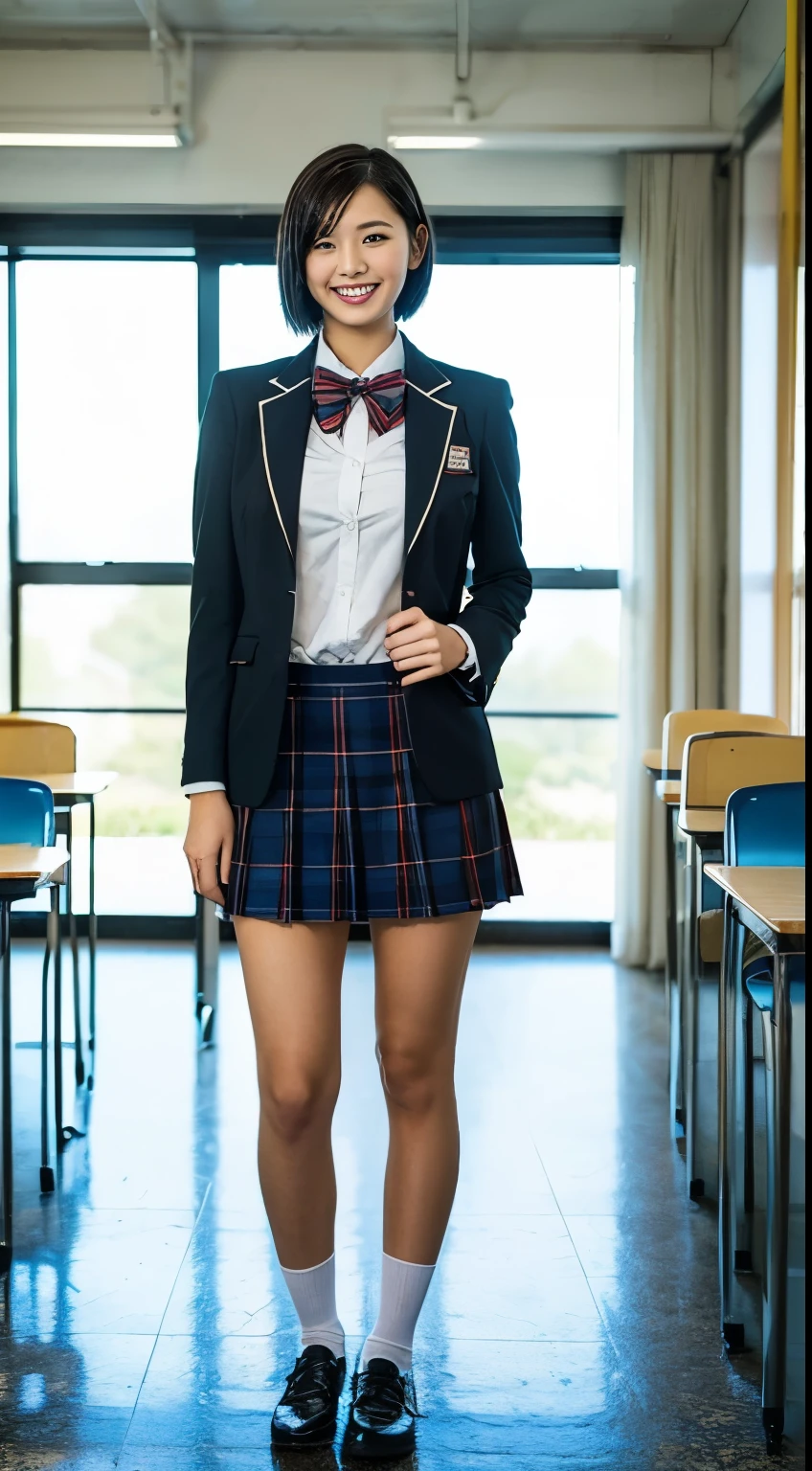 (masterpiece, best quality:1.2), (realistic,photo-realistic:1.4), RAW photo, highres, extremely detailed, intricate details, solo, an  japanese female, standing in school classroom, (knee shot, from below), large breasts, (white shirt, navy blazer, school bowtie, plaid mini-skirt, black thighhigh, thighs:1.2),, (futanari, penis_under_skirt, small penis, glossy glans:1.4), (hands on hips), detailed eyes, detailed face, fine-textured skin, pale skin, smile, indoors, photo background, 