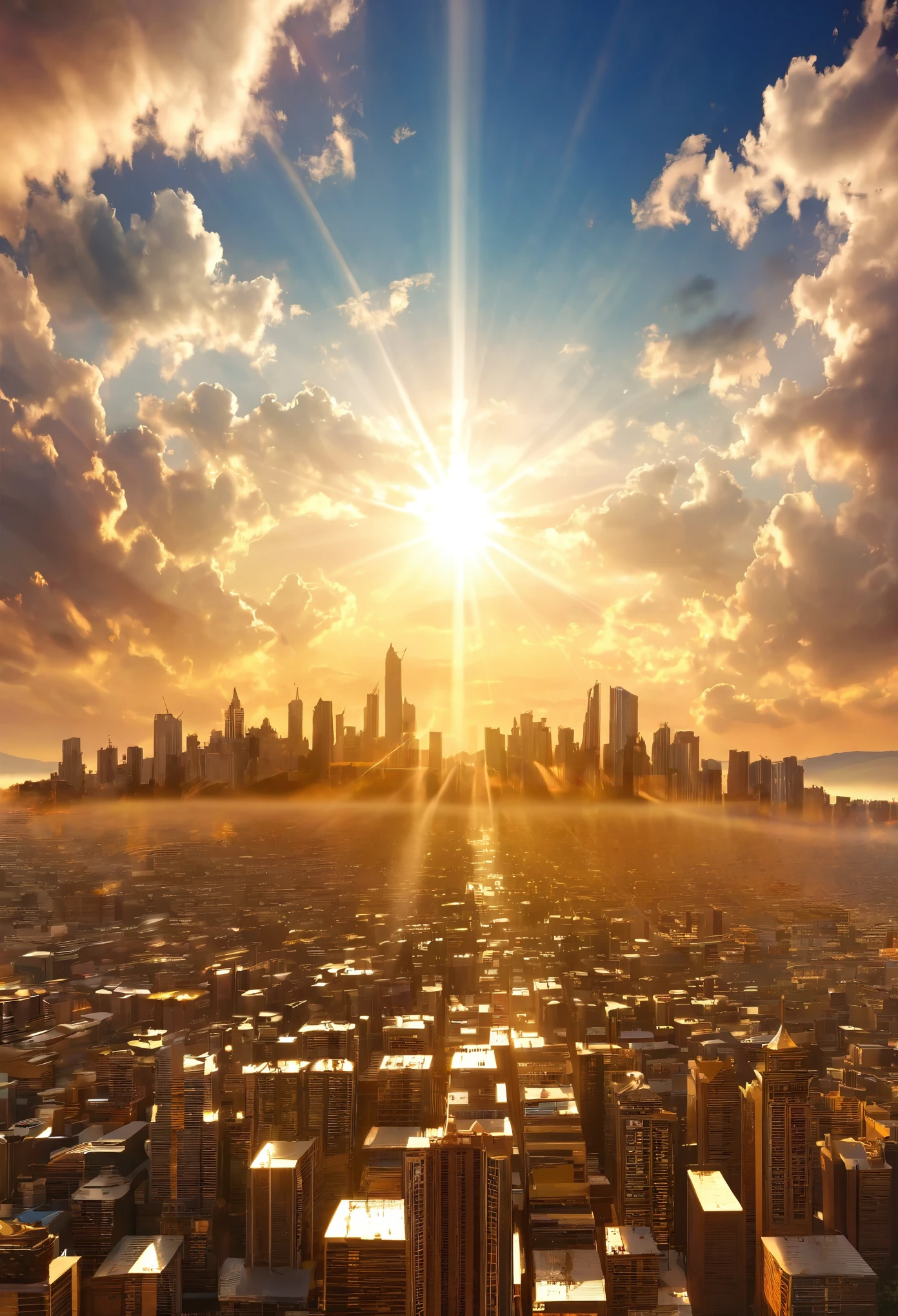 Surreal digital artwork of a mystical cityscape ascending towards the sky, with clouds parting to reveal a radiant sun, on Ascension Day,golden sunlight