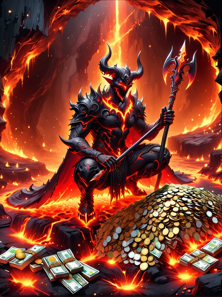 (1 demon whose body is made of lava:1.5)，Deep red，With menacing horns and glowing eyes，(Half squatting on the ground:1.5)，(The claws tightly grasped a gleaming sharp trident)，(It has a large amount of gold coins and precious gems)，To symbolize its wealth，On the surrounding ground，(Filled with all kinds of currency, jewels and treasures:1.9)，Exudes an alluring glow，This eerie scene is set against a dark and ominous backdrop of a lava cave.，Creating a disturbing yet mesmerizing effect