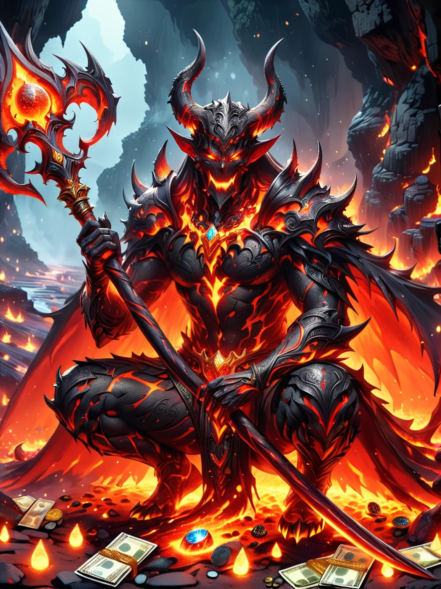 (1 demon whose body is made of lava:1.5)，Deep red，With menacing horns and glowing eyes，(Half squatting on the ground:1.5)，(The claws tightly grasped a gleaming sharp trident)，(It has a large amount of gold coins and precious gems)，To symbolize its wealth，On the surrounding ground，(Filled with all kinds of currency, jewels and treasures:1.9)，Exudes an alluring glow，This eerie scene is set against a dark and ominous backdrop of a lava cave.，Creating a disturbing yet mesmerizing effect