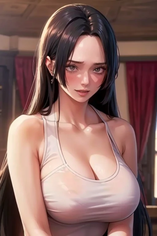 best quality, masterpiece, highly detailed,1girl, Boa Hancock, , (masterpiece:1.5), Detailed Photo, Smiling, Sexy, (8K, Best Quality: 1.4), (1girl), Beautiful Face, (anime realistic Face), (Black Hair, long Hair: 1.3), Beautiful Hairstyle, Realistic eyes, beautiful detail eyes, (white skin), beautiful skin, absurd, attractive, ultra high resolution, ultra realistic, high definition, golden ratio, (sexually aroused:1.5), Pinkish white skin, cool white light, sexy pose, Beautiful , white background, pink soft white light, Wear a white tank top