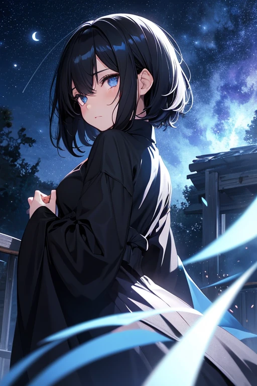 anime girl, short messi black hair, eye dark blue eye, wearing a pitch black robe, sad expresion, night back ground with falling star