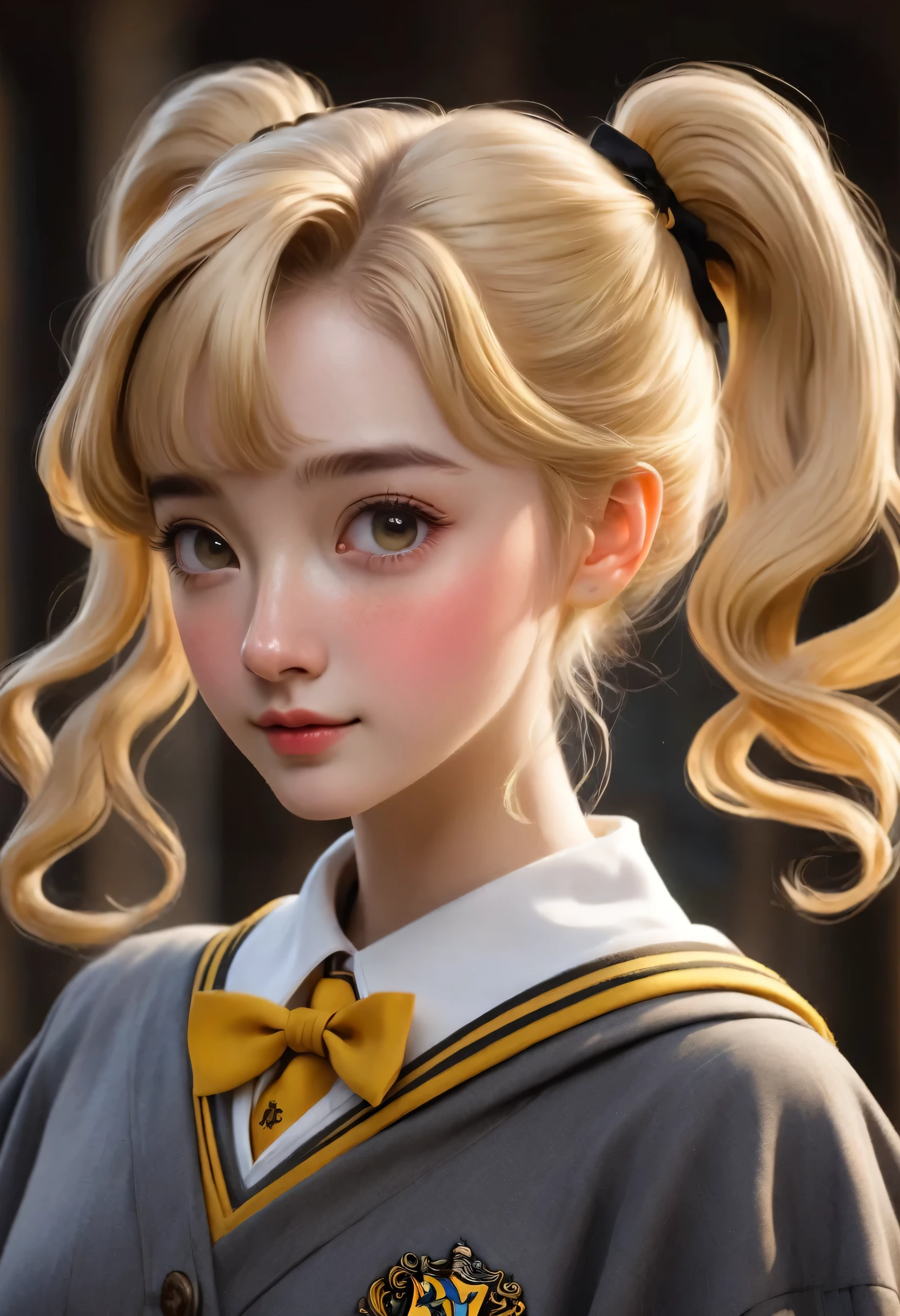 best quality, Masterpiece, Hogwarts students, Hufflepuff, I have short blonde twin tails., Beaming, misbehave, freckles, In his hand he held freckles, a fat white rabbit. Detailed eyes, detailed face, Fine skin,