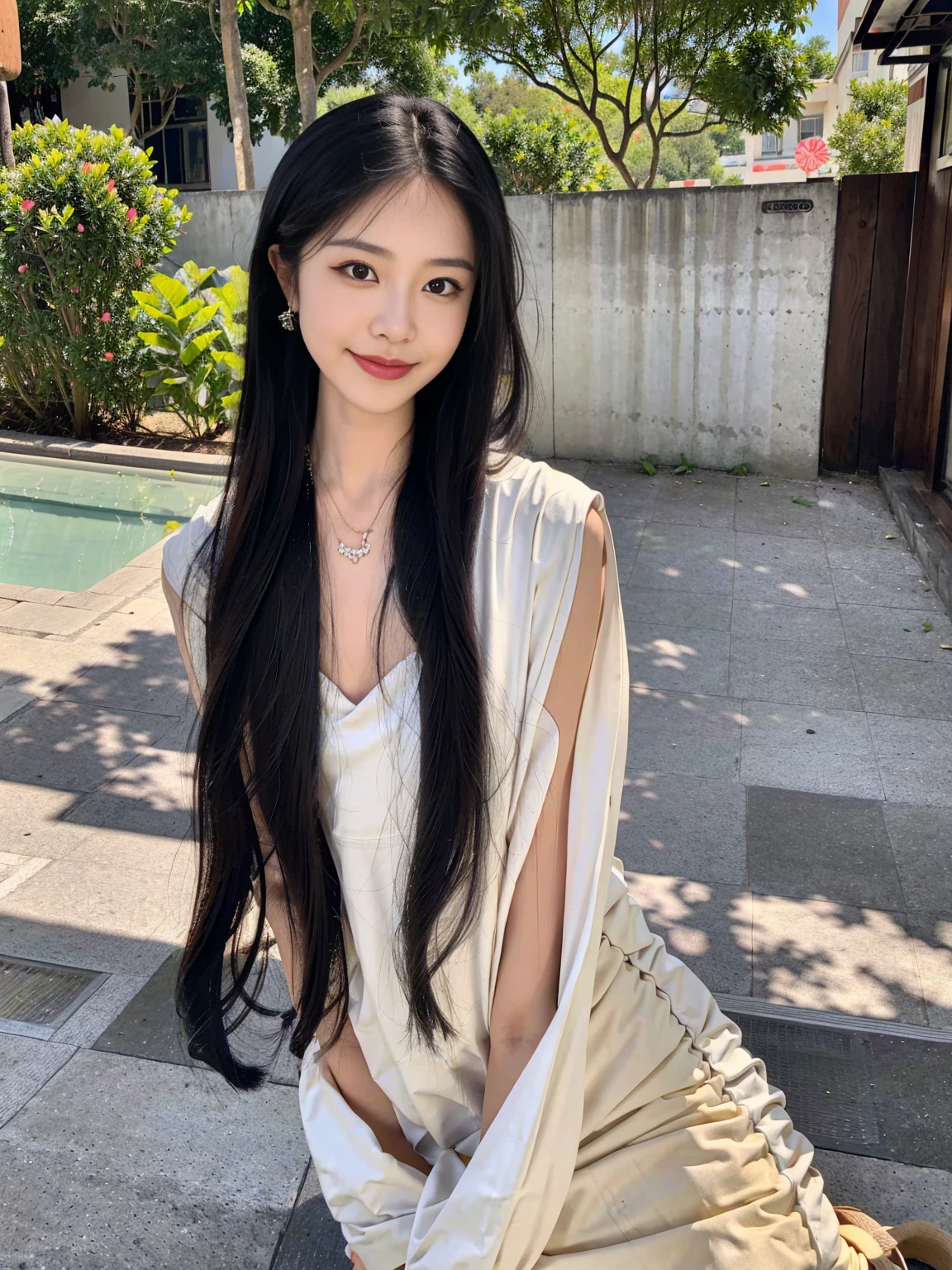 In the sunny courtyard，A girl next door stood there quietly。She has long black hair that flows like a waterfall.，Gently fluttering in the breeze。Her face was filled with a warm and innocent smile，The clear eyes sparkle like the lake water under the sun，The long eyelashes flutter like a small fan。