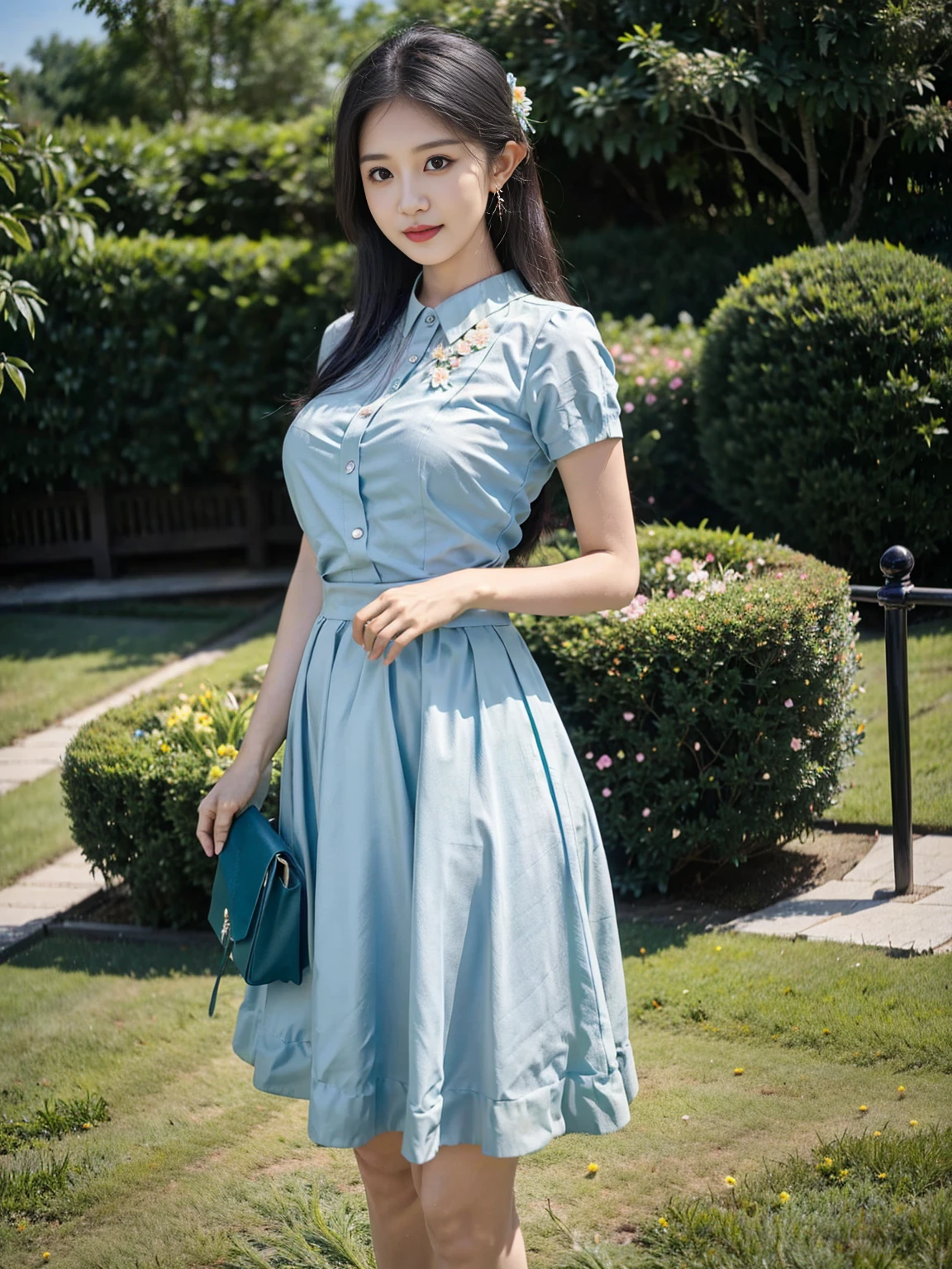 She was wearing a simple light blue dress,The skirt dances lightly,The surrounding flowers and green grass complement the。She's like an elf from a fairy tale.,Adds a touch of freshness and beauty to this warm scene。