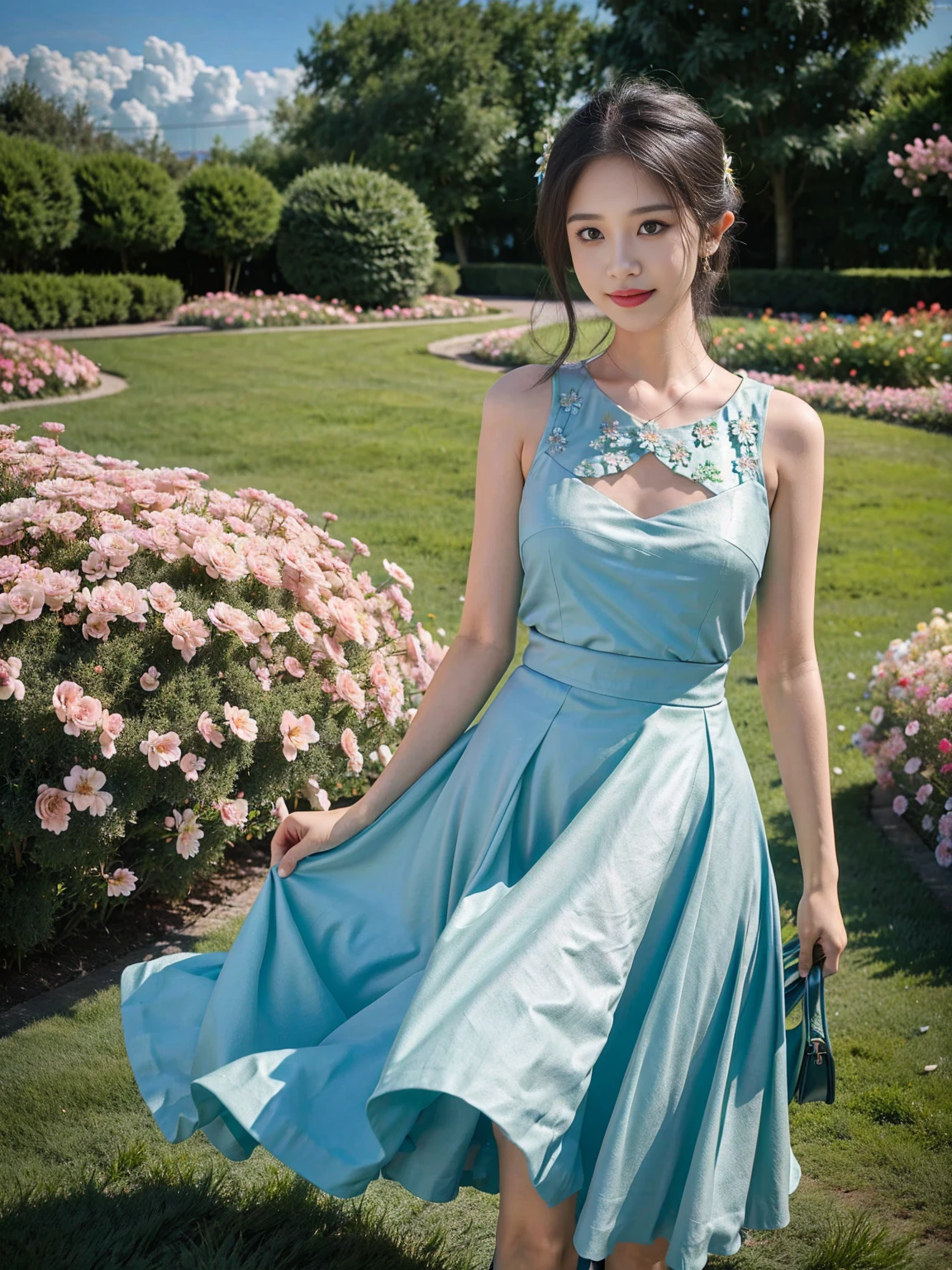 She was wearing a simple light blue dress,The skirt dances lightly,The surrounding flowers and green grass complement the。She's like an elf from a fairy tale.,Adds a touch of freshness and beauty to this warm scene。