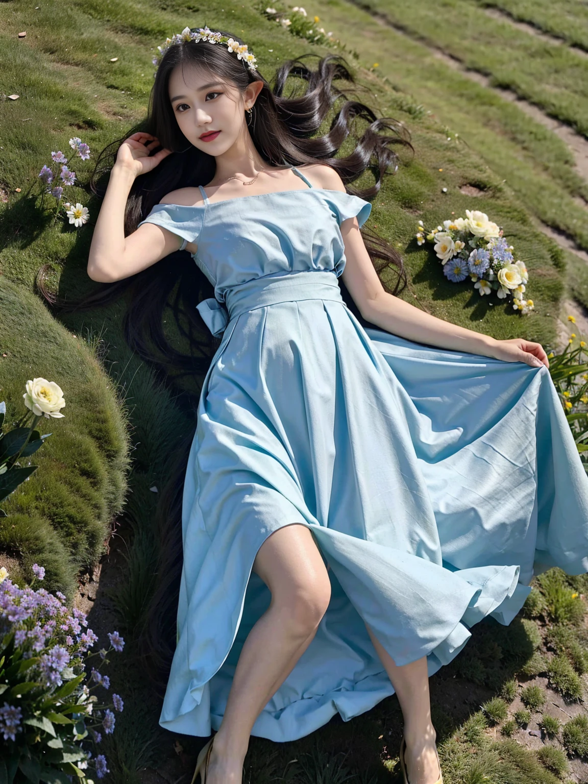 She was wearing a simple light blue dress,The skirt dances lightly,The surrounding flowers and green grass complement the。She's like an elf from a fairy tale.,Adds a touch of freshness and beauty to this warm scene。