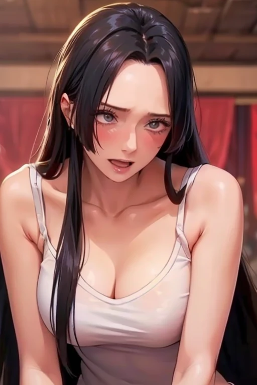 best quality, masterpiece, highly detailed,1girl, Boa Hancock, , (masterpiece:1.5), Detailed Photo, Smiling, Sexy, (8K, Best Quality: 1.4), (1girl), Beautiful Face, (anime realistic Face), (Black Hair, long Hair: 1.3), Beautiful Hairstyle, Realistic eyes, beautiful detail eyes, (white skin), beautiful skin, absurd, attractive, ultra high resolution, ultra realistic, high definition, golden ratio, (sexually aroused:1.5), Pinkish white skin, cool white light, sexy pose, Beautiful , white background, pink soft white light, Wear a white tank top, sexy armpits