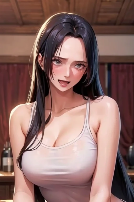 best quality, masterpiece, highly detailed,1girl, Boa Hancock, , (masterpiece:1.5), Detailed Photo, Smiling, Sexy, (8K, Best Quality: 1.4), (1girl), Beautiful Face, (anime realistic Face), (Black Hair, long Hair: 1.3), Beautiful Hairstyle, Realistic eyes, beautiful detail eyes, (white skin), beautiful skin, absurd, attractive, ultra high resolution, ultra realistic, high definition, golden ratio, (sexually aroused:1.5), Pinkish white skin, cool white light, sexy pose, Beautiful , white background, pink soft white light, Wear a white tank top, sexy armpits