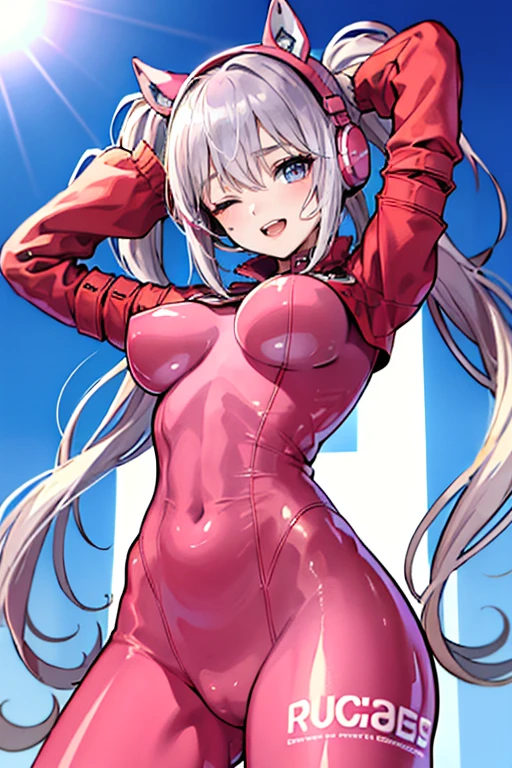 (A young female character in anime style),(Anime-like highest quality),((anime style)),Natural light,(Written boundary depth),one woman,( cute),, Outdoor,   Sunny city,stand,(Big Breasts),Fair skin,(A slight smile),alice \(nikke\)
pink bodysuit,open mouth, one eye closed,
animal ear headphones
shiny clothes
twintails
latex bodysuit,Beautifully detailed eyes and face,Shiny skin with anime details,Slim and smooth lines,male_pov,,cowboyshot,arms support,sittinggirl,from below,stretch,cream facial,