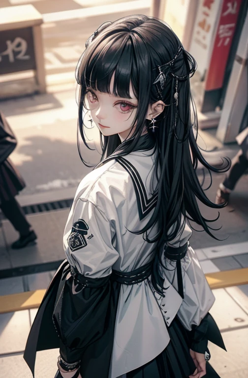 From above、highest quality, Tabletop, Actress Photos, beautiful, Observe your audience、Background white、Nike、Earringsをする女性、Earrings、Laughter、Colorful Hair,Black shorts、Blunt bangs、(Black Skirt)、One Girl,alone,Flashy Hair、Photorealistic, High resolution, 1 girl, Black-haired、Akame, Korean, Cowboy Shot、Gothic